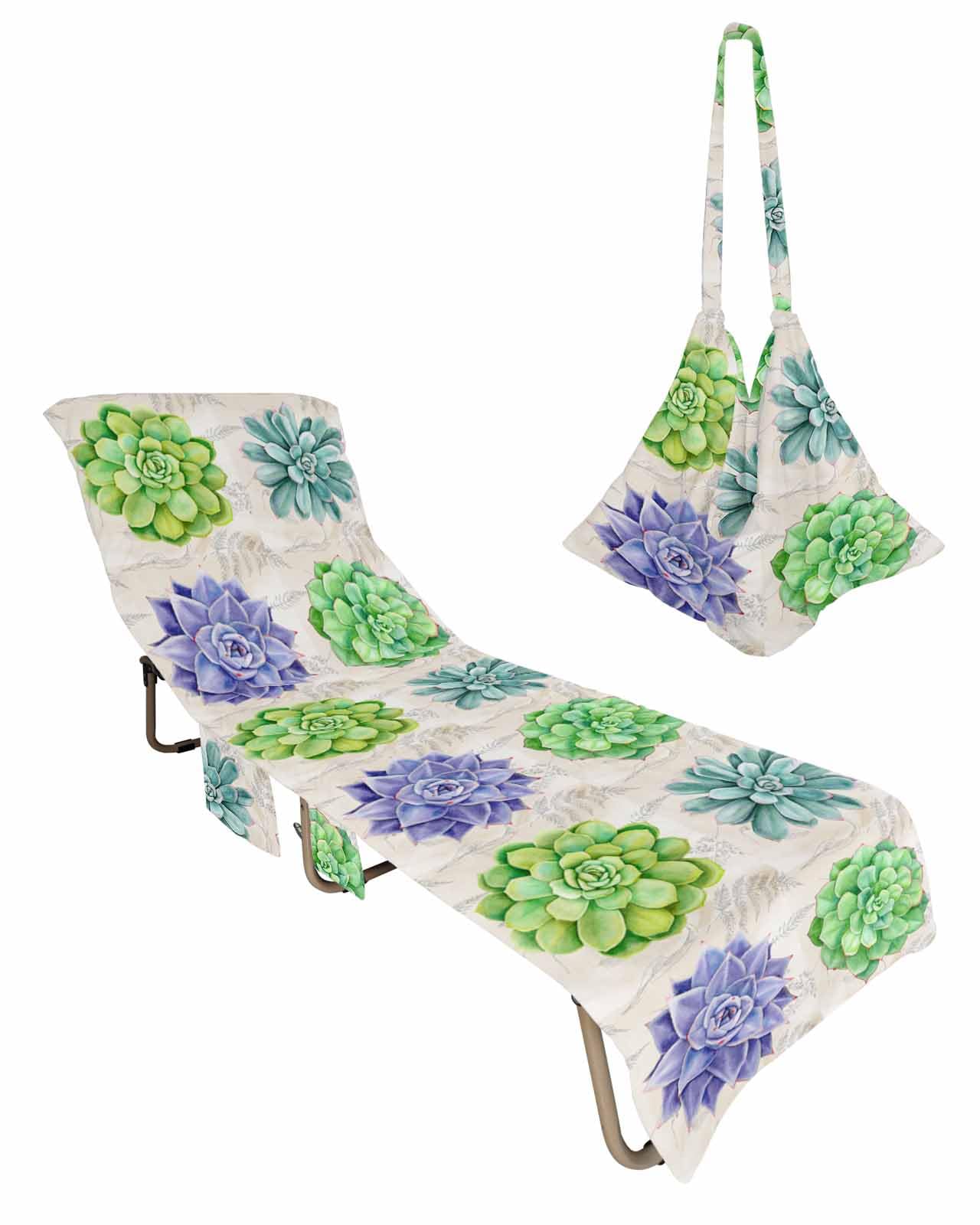 Succulent Beach Chair Towel Covers for Chaise Lounge with Side Pocket, Soft Plush Pool Towels Cover for Patio Sunbathing Outdoor Tropical Summer Retro Spring Botanical Herb 29''x85''