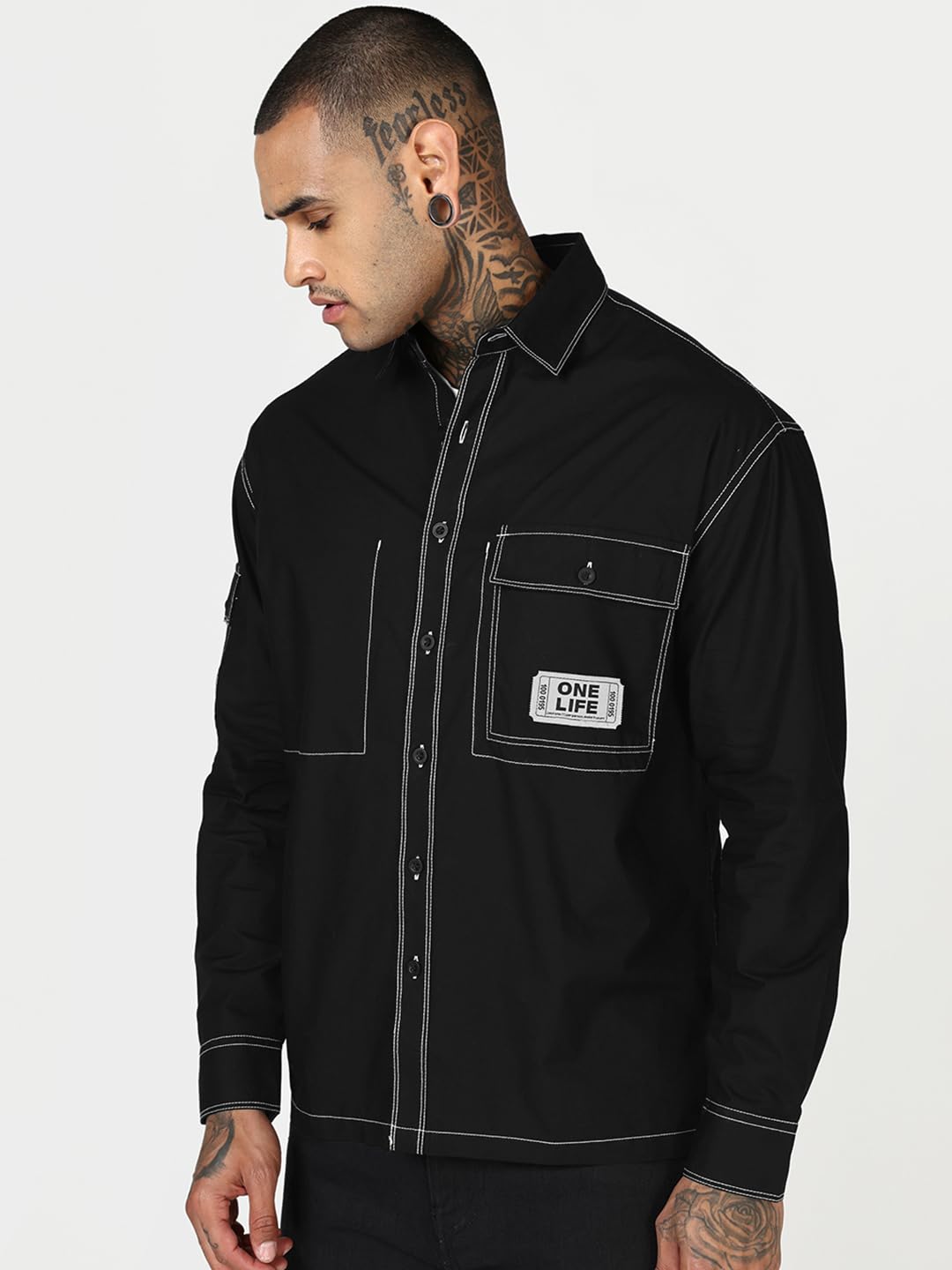 Bewakoof Camicia da uomo in popeline con colletto a maniche lunghe oversize