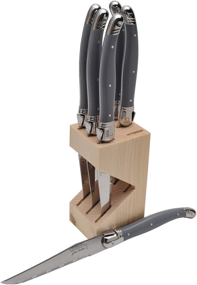 Jean DubostLaguiole 6-Piece Steak Knife Set, Gray Handles - 1.2 mm Blades - Rust-Resistant Stainless Steel - Includes Wooden Block - Made in France