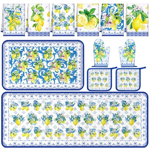Fourluoo 10 Pcs Kitchen Dish Towels Rugs Oven Mitts and Pot Holders Kit Farmhouse Kitchen Decor Set Gloves Vintage Potholders for Baking Cooking Chef(Blue, White, Lemon)