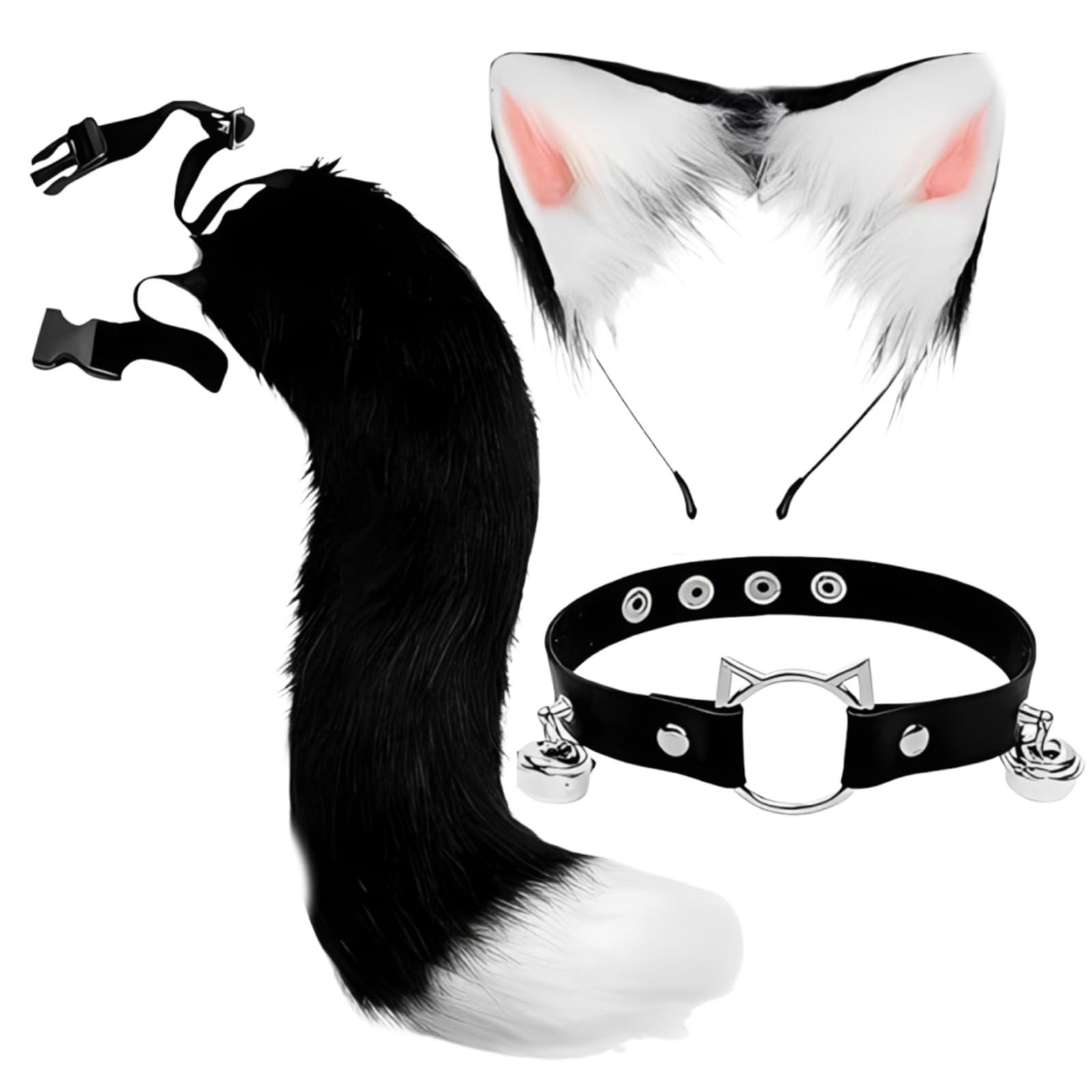 ZPSCXQ 3-Piece Cat Ears And Tail Set For Adult Cosplay, Furry Costume Accessories With Black Fox Tail And Matching Headband