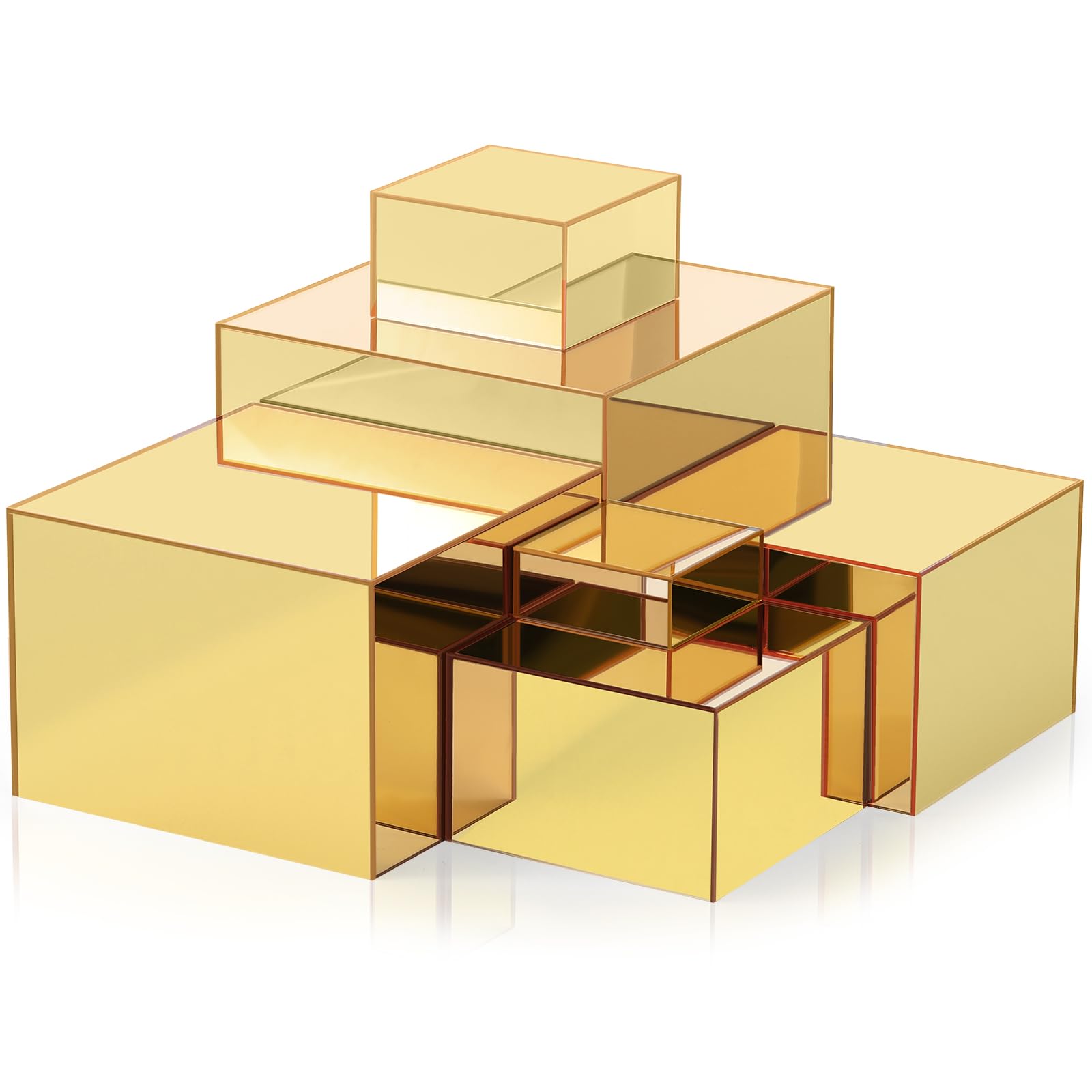 Photo 1 of Geelin 6 Pack Acrylic Risers for Display Acrylic Cube Boxes Risers Display Stands with Hollow Bottoms Decorative Stand for Jewelry Candy Table Decor 6 Sizes(Gold,3 to 8 Inch,Square)