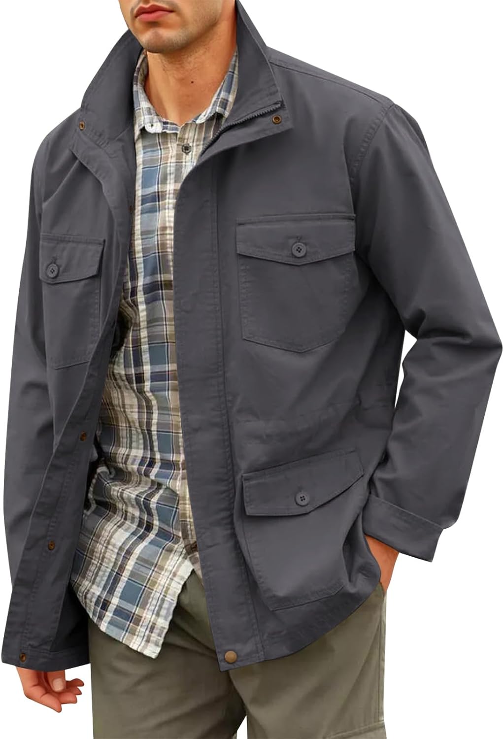 Runcati Mens Military Jacket Full Zip and Button Safari Field Jacket Multi Pocket Cargo Outdoor Coat