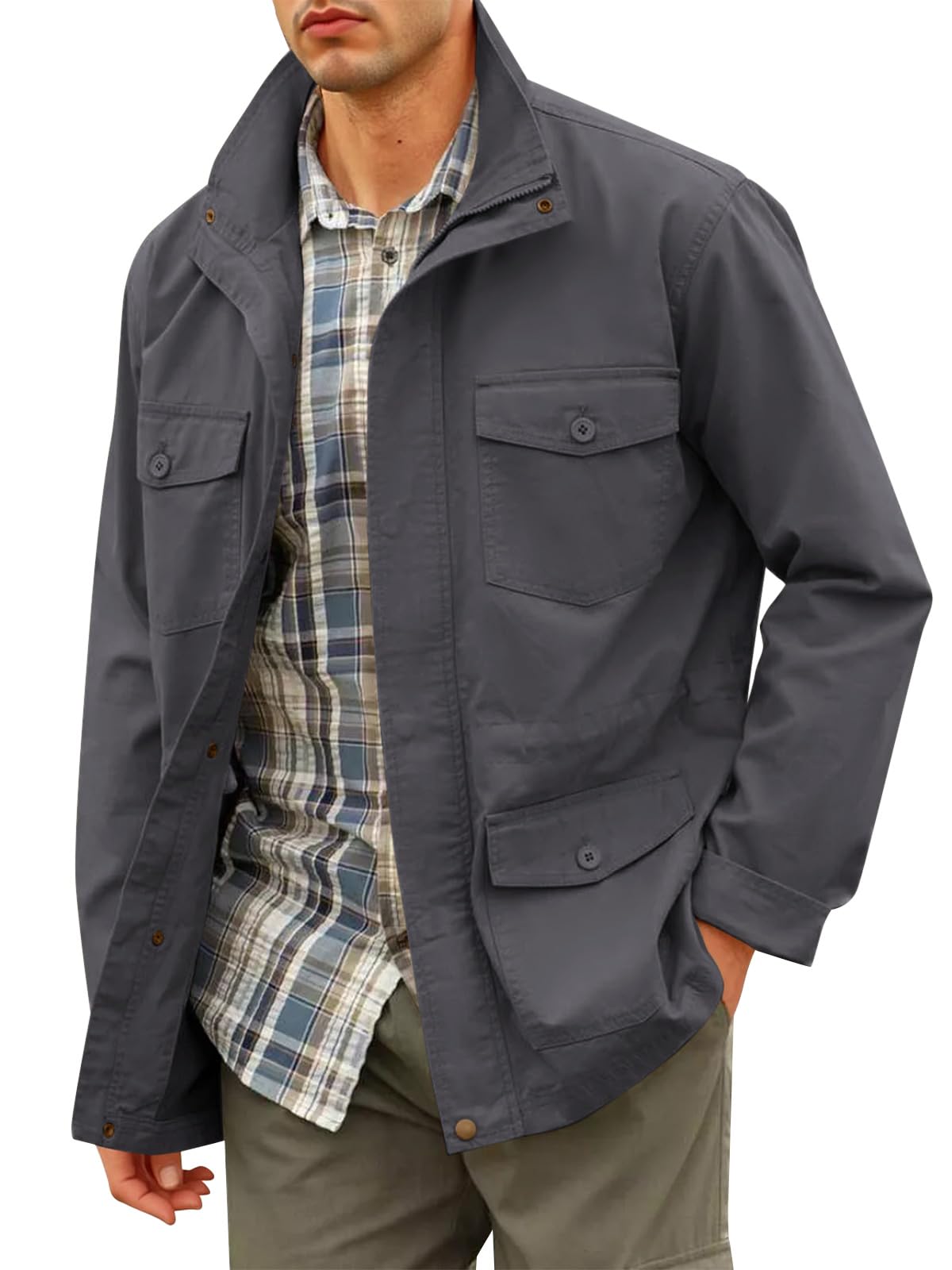 Mens Military Jacket Full Zip and Button Safari Field Jacket Multi Pocket Cargo Outdoor Coat