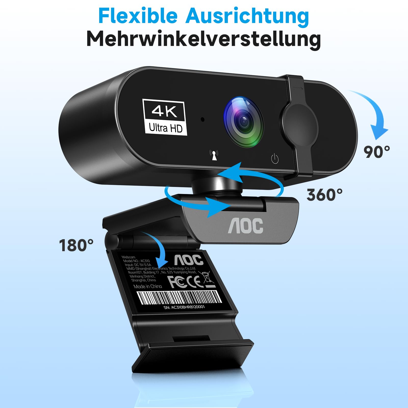 AOC Webcam 4K Ultra HD, Webcam mit Mikrofon & Objektivabdeckung, PC Kamera Plug & Play, 99° Ansicht, Autofokus, Web Cam kompatibel mit Zoom/Teams/Skype, für Home Office, Streaming, FaceTime, Schwarz - 4