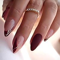 Vista 13 de Uñas postizas cortas de almendra a presión con punta francesa morada, uñas falsas ovaladas con diseños de ondas y diamantes de imitación, uñas