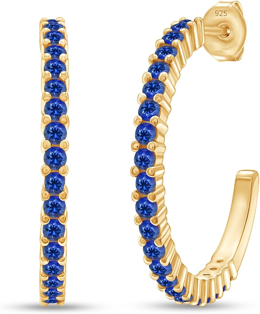 AFFY Round Simulated Blue Sapphire Single Row Hoop Earrings For Women In 14K Gold Over Sterling Silver With Push Back Jewelry For Women