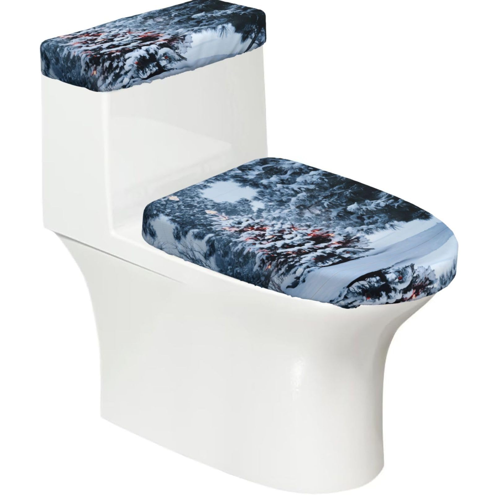 Christmas Tree Snow 2-Piece Toilet Seat Cover Set with Tank Lid - Elastic for U-Shape & Elongated - Bathroom Decor