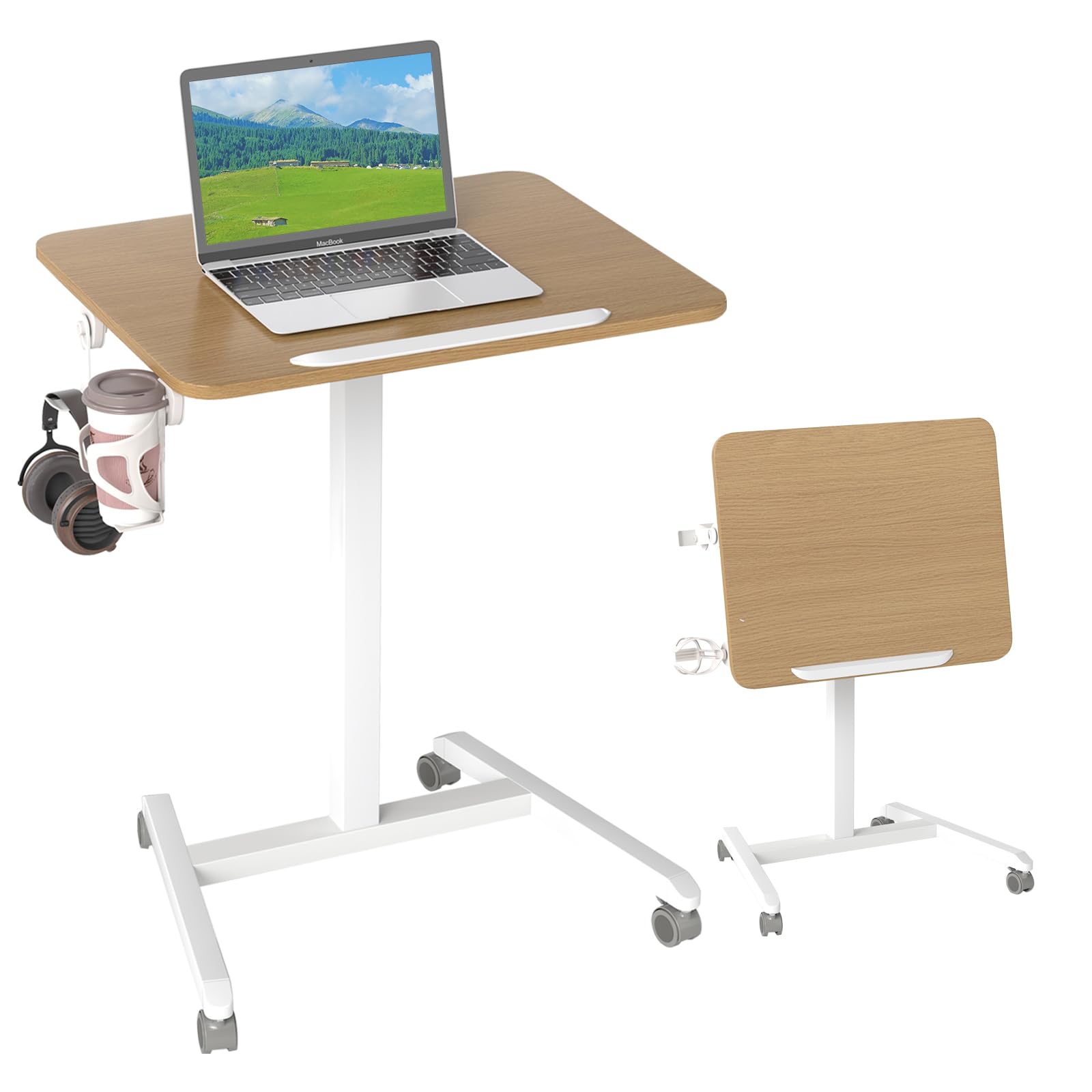COSTWAY Beistelltisch höhenverstellbar mit Rollen, Stehtisch mit 90° neigbarer Tischplatte, Haken und Becherhalter, Stehpult, Laptoptisch für Wohnzimmer, Schlafzimmer