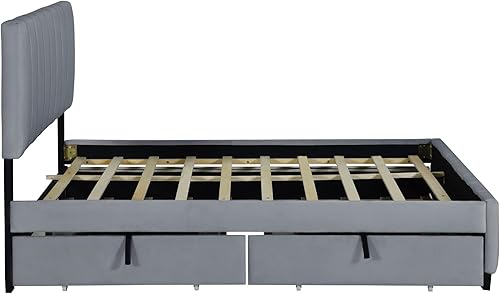 Miniatura 164 de Base de cama LED tapizada tamaño Queen, plataforma flotante de terciopelo con cabecero, MDF moderna y cama de madera contrachapada (beige-081)