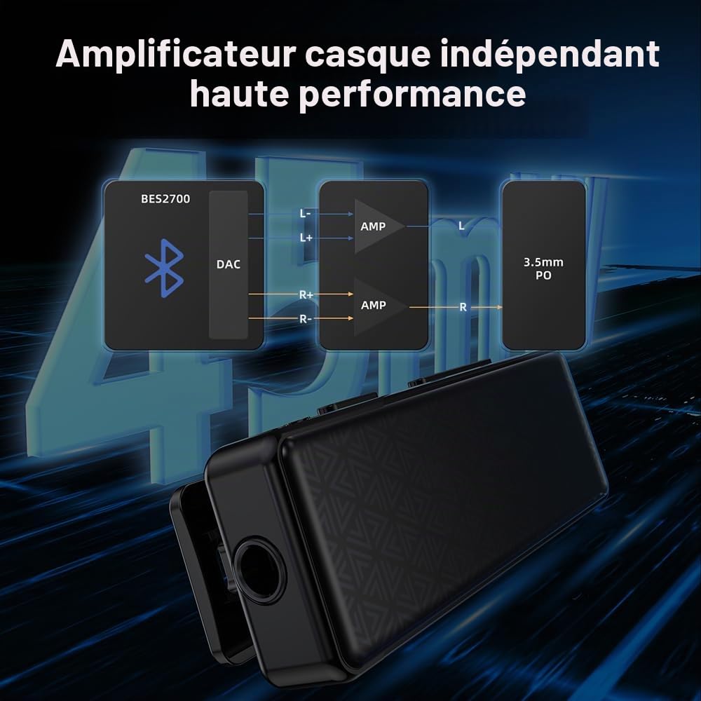 FiiO BTR11 Récepteur Bluetooth 5.3 LDAC 3,5 mm Adaptateur d'amplificateur pour casque audio sans fil avec microphone intégré (Noir)