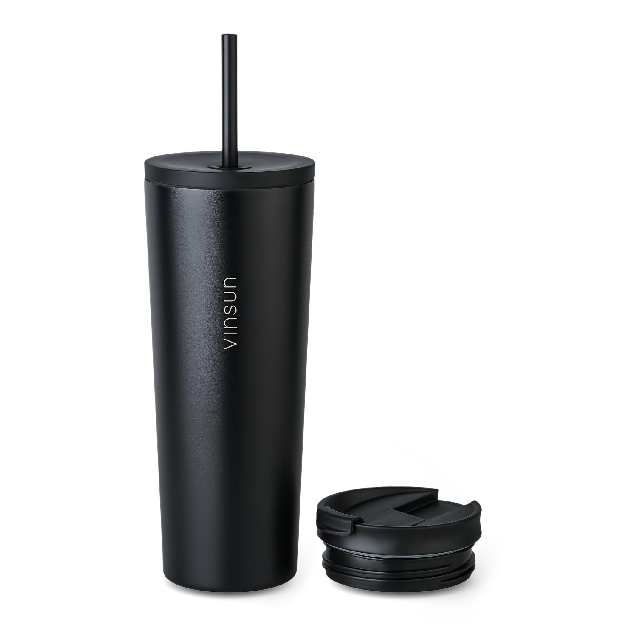 VINSUN Thermobecher mit Strohhalm 720ml - Edelstahl, auslaufsicher, doppelwandig isoliert - Heiß & Kaltgetränke - Kaffeebecher schwarz mit zwei Deckeln für Reisen, Uni