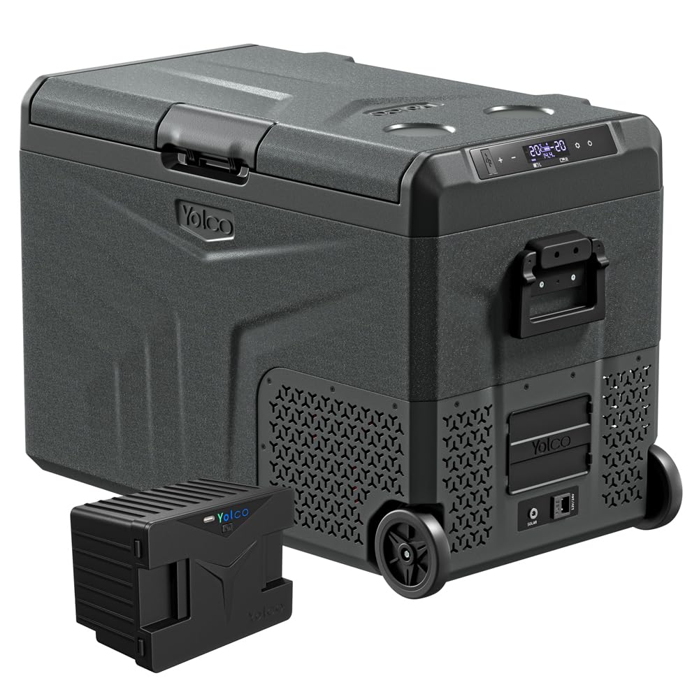 Yolco TCX50 Carbon kompresorowa lodówka podróżna 50 l + akumulator – Dual Zone, -20°C, 12/24 V i 230 V, aplikacja Bluetooth, lodówka i zamrażarka z rolkami, na kemping i w podróży