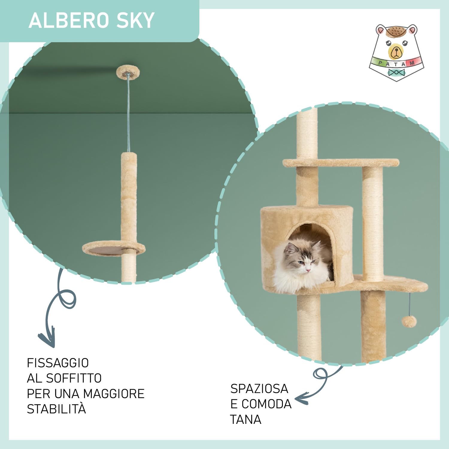 Albero Tiragraffi per Gatti Alto 246 cm con Cuccia, Graffiatoio e Fissaggio Antiribaltamentyo, Sky Beige