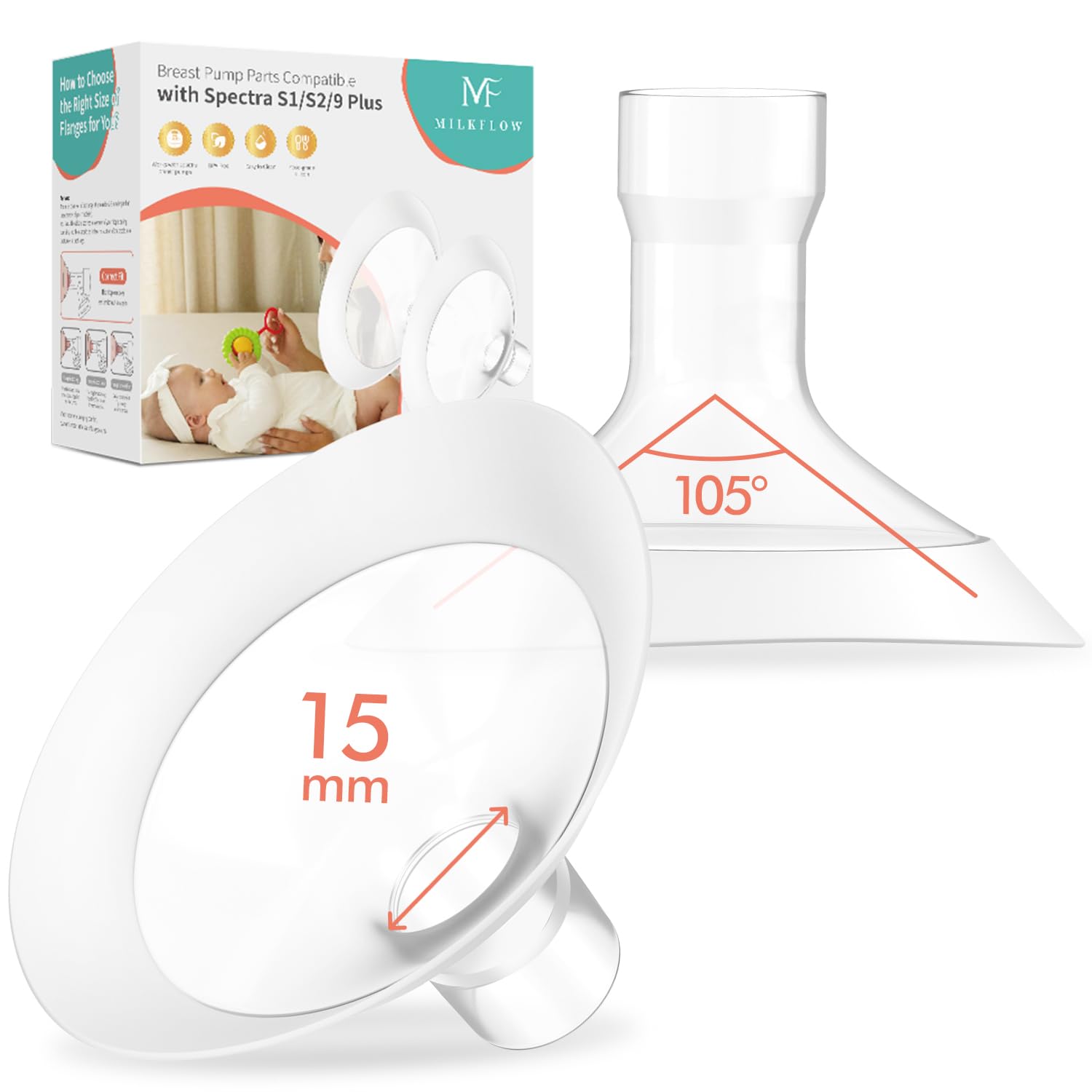 2 couvre-tétons 15 mm en matériau souple pour tire-lait Medela, bord Softflex à angle large 105°, spécialement conçus pour Medela Pump in Style, Symphony, Freestyle, Sonata, Maxflow, Signature Pro