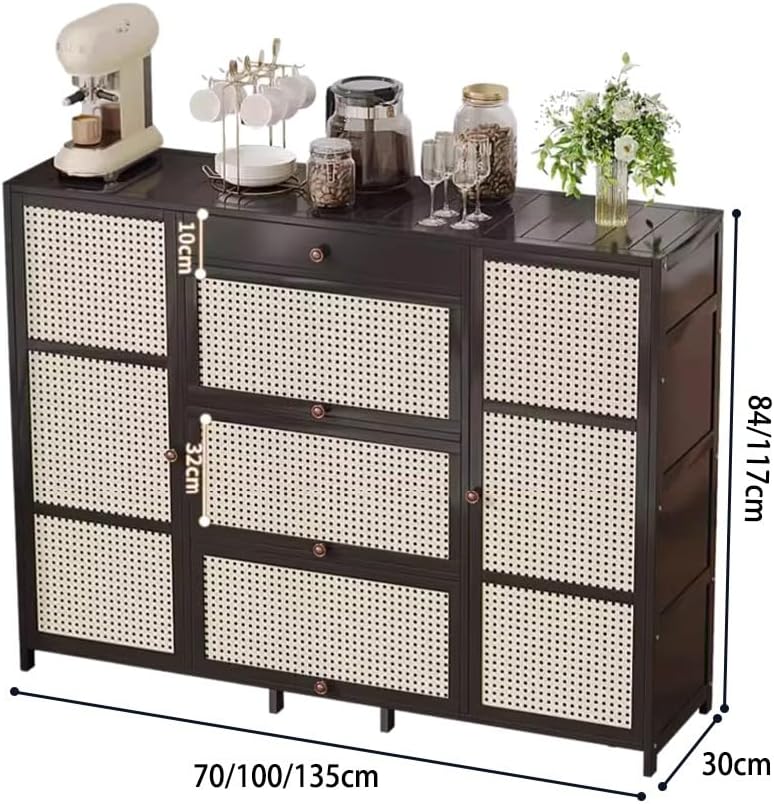Kitchen Sideboard with Rattan Doors and Microwave Storage Rack - Bamboo Kitchen Storage Shelf for Dining Living Room Hallway