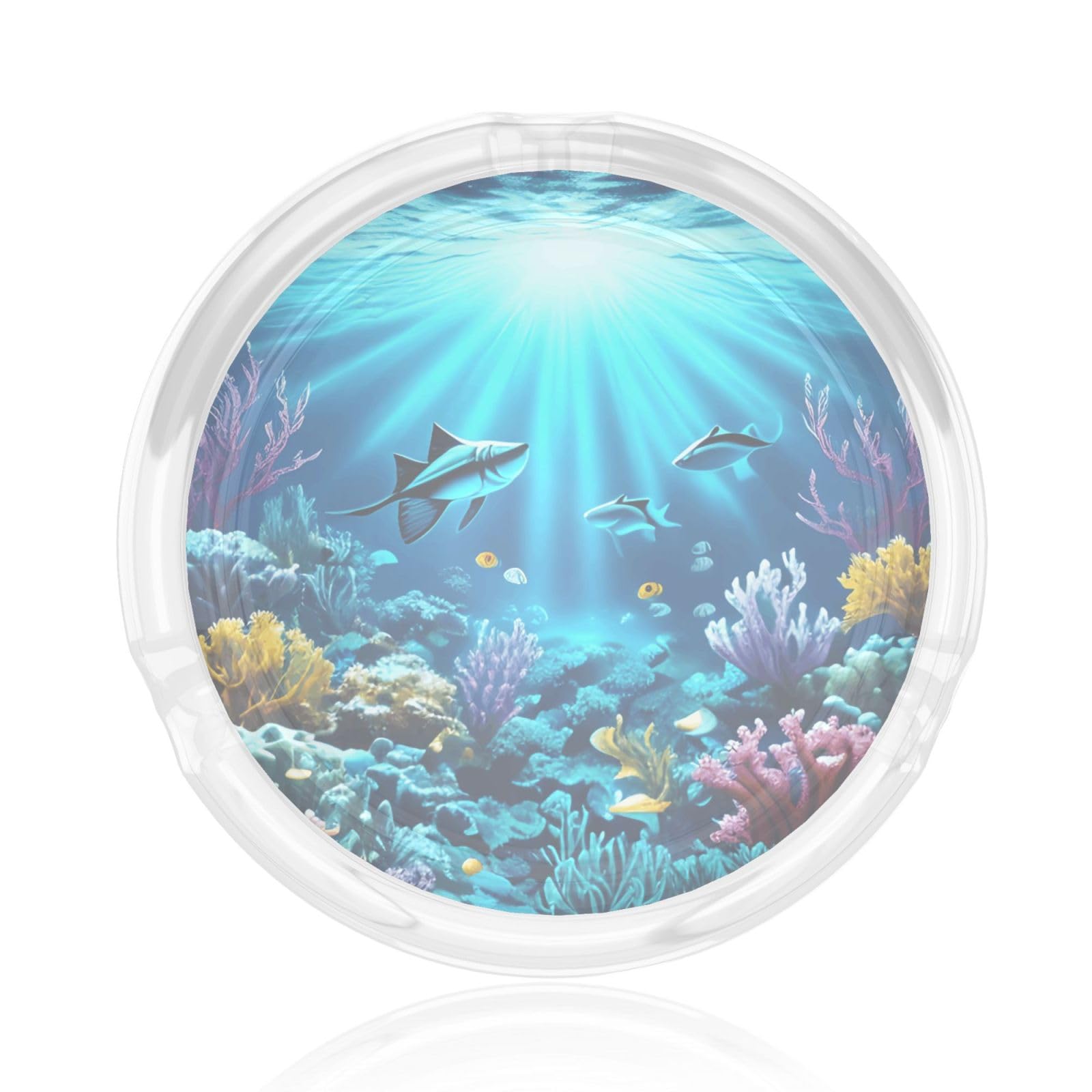 Submarine Coral Rays Glass ashtray with smooth edges and recessed mouthpiece design, washable.