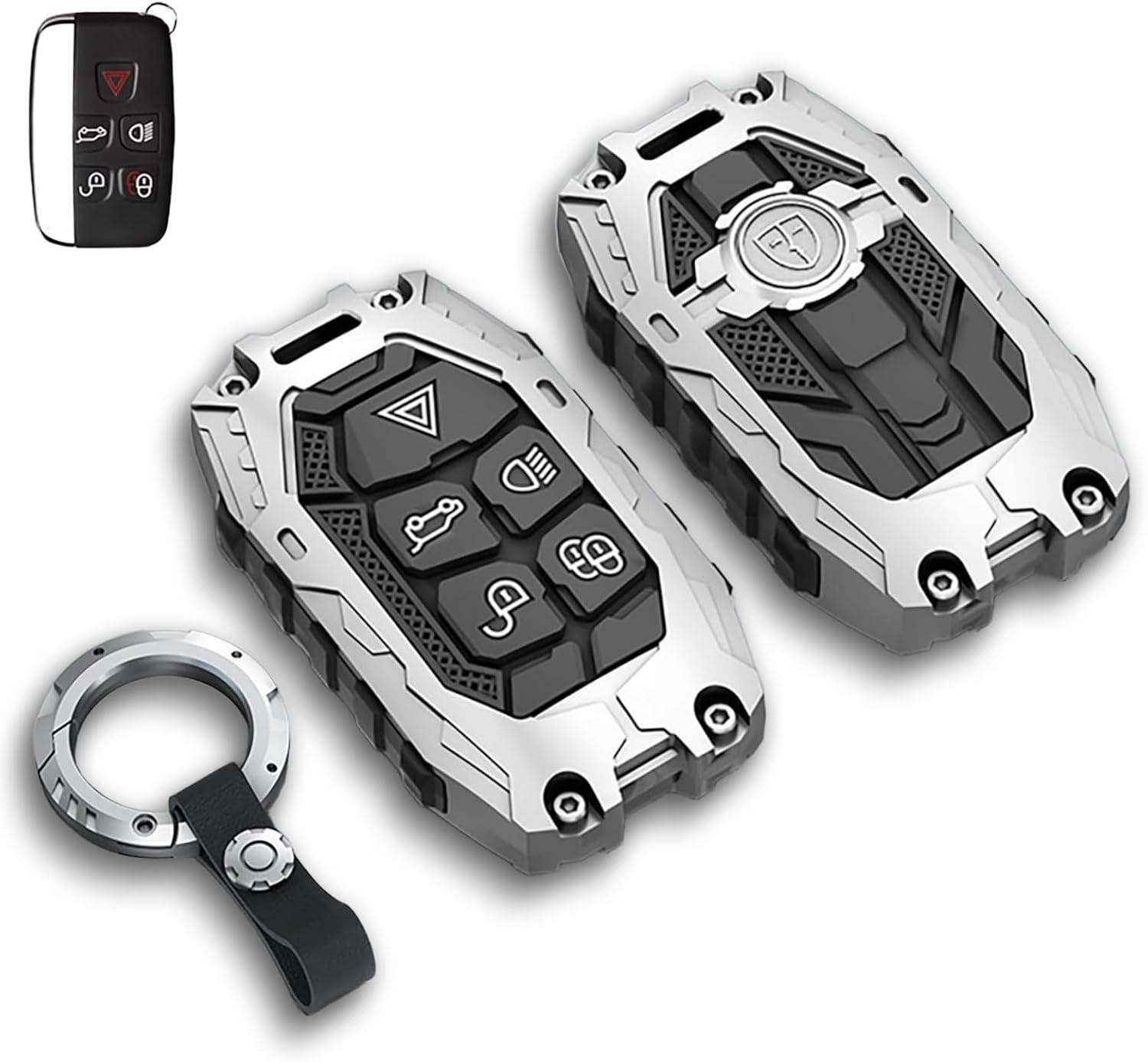 Mech Style Heavy Metal Key Fob Cover, Compatible with L-Rover 2012-2019, Fit for R-Rover Evoque Sport Discovery Defender Velar etc, Zinc Alloy Key Case Protector (Model-A,Silver,w/line)