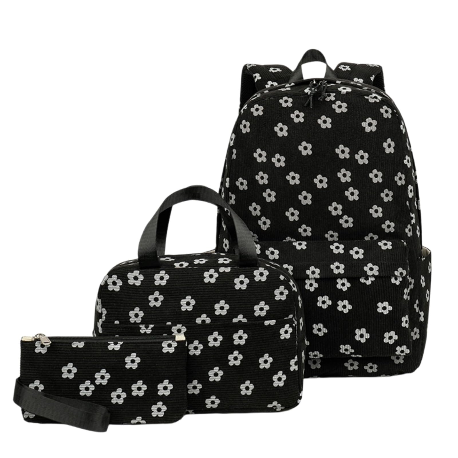 Mochila Viaje Cabina Black White Floral 3-in-1 Set Escolar Resistente Al Agua con Bolso De Almuerzo Y Estuche Lápiz para Niñas