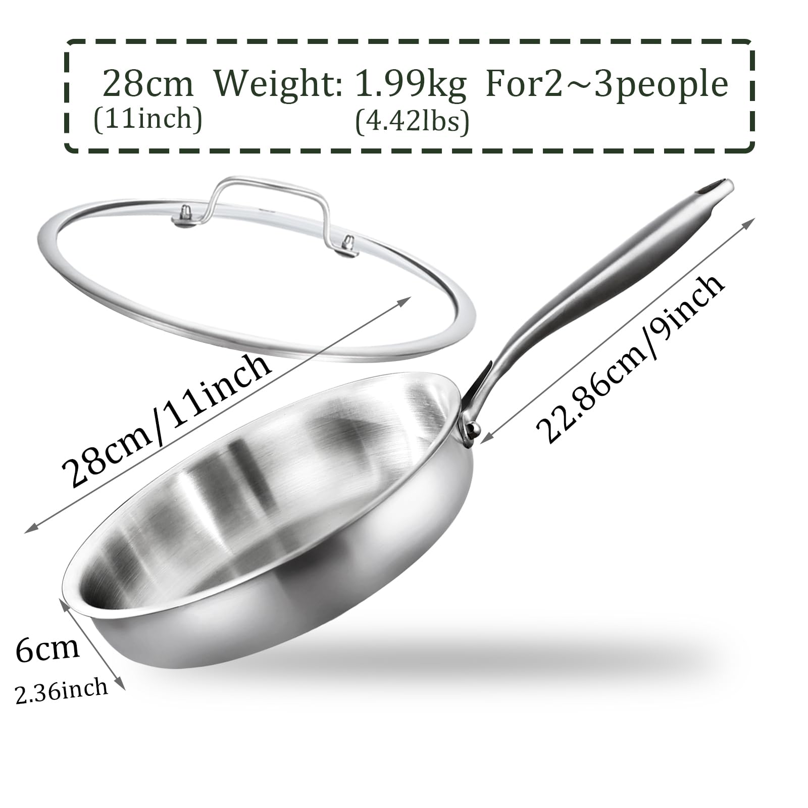 Padella in acciaio inox a tre strati con coperchio,28 cm,non rivestita,padelle per induzione,pentole ad alta e ottima efficienza energetica per steak,uova,11 pollici