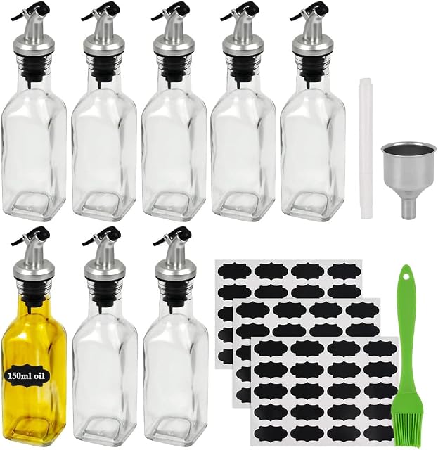 8PCS Vinegar Bottles Glass Olive Oil Dispenser for Kitchen 150 ml Oil and Vinegar dispenser set With Funnel, Label Sticker, Curved Nozzle, Pen And Silicone Brush
