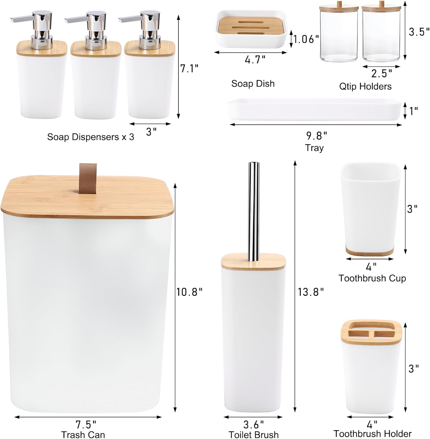 White Bathroom Accessories, Bathroom Accessories Set with Trash Can, Soap Dispenser, Toothbrush Holder, Toothbrush Cup, Soap Dish, Toilet Brush, Tray and Q-tip Holders for Housewarming