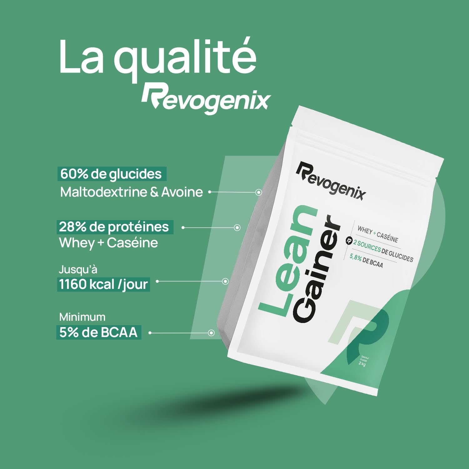 LEAN GAINER | Protéines avec Whey + Caséine | Glucides avec Farine d’avoine + Maltodextrine | Gainer Prise de Masse Musculation sèche | Riche en BCAA | Doypack de 2 kg Saveur Fraise | REVOGENIX
