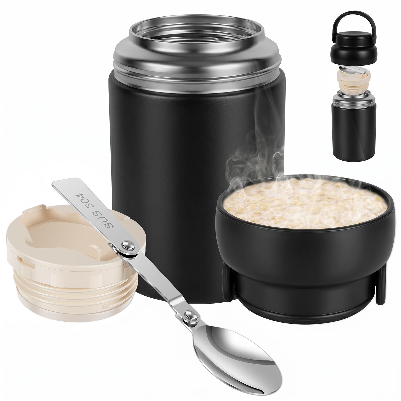 Ghshanog Insulated Food Flask, 600ML Vacuum Thermal Soup Jars, Stainless Steel Thermal Food Flasks with Spoon, Wide Mouth Lunch Meal Carrier Container for Kids & Adults(Black)