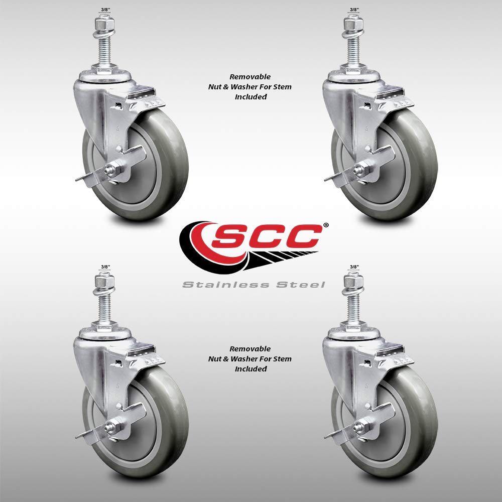 Stainless Steel Polyurethane Swivel Threaded Stem Caster Set of 4 w/5