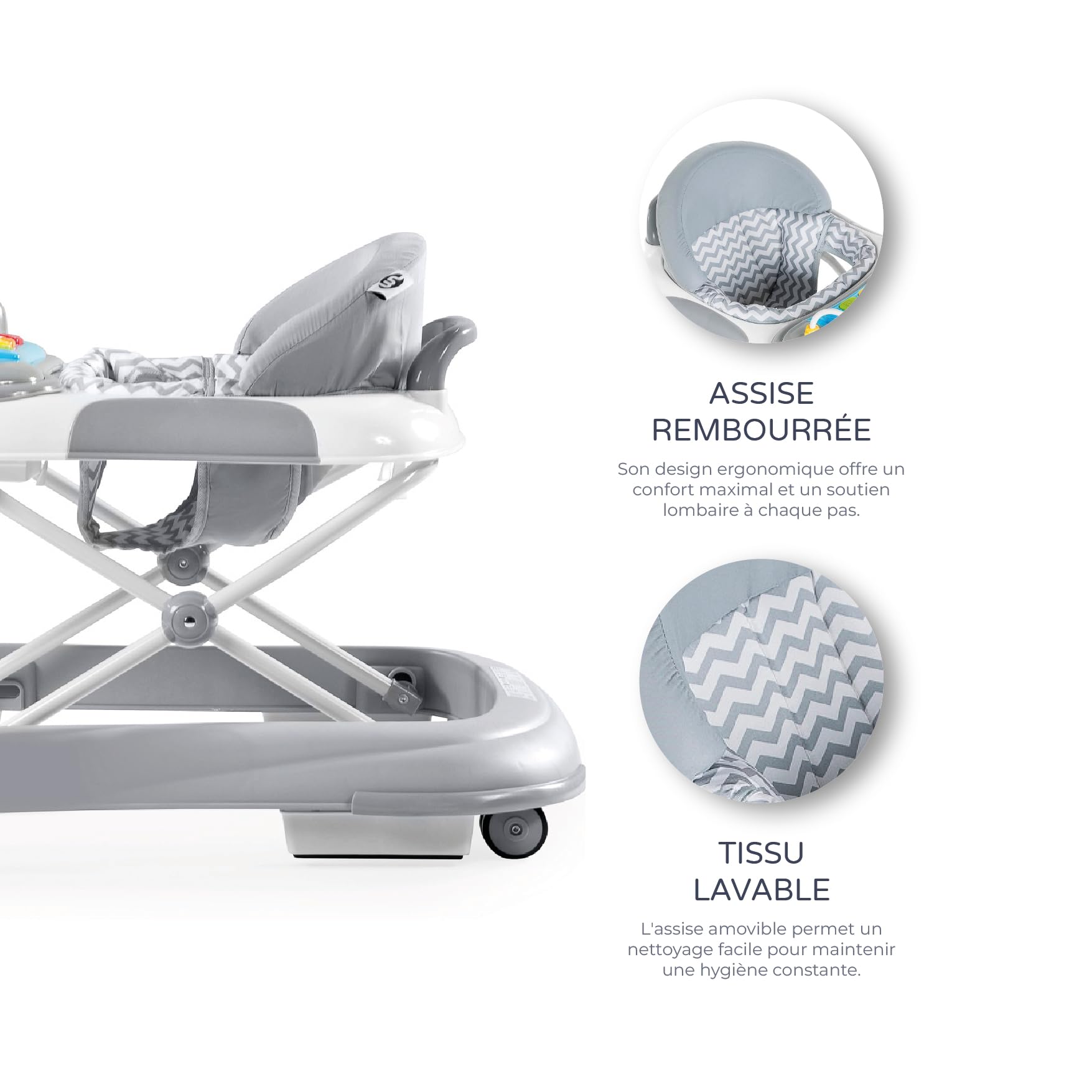 MS BabyWorld - Trotteur BASIC PLUS - Trotteur pour bébé avec plateau de jeux interactif avec sons | Base anti-basculement | Déambulateur roues en silicone et 3 positions de hauteur (Gris)