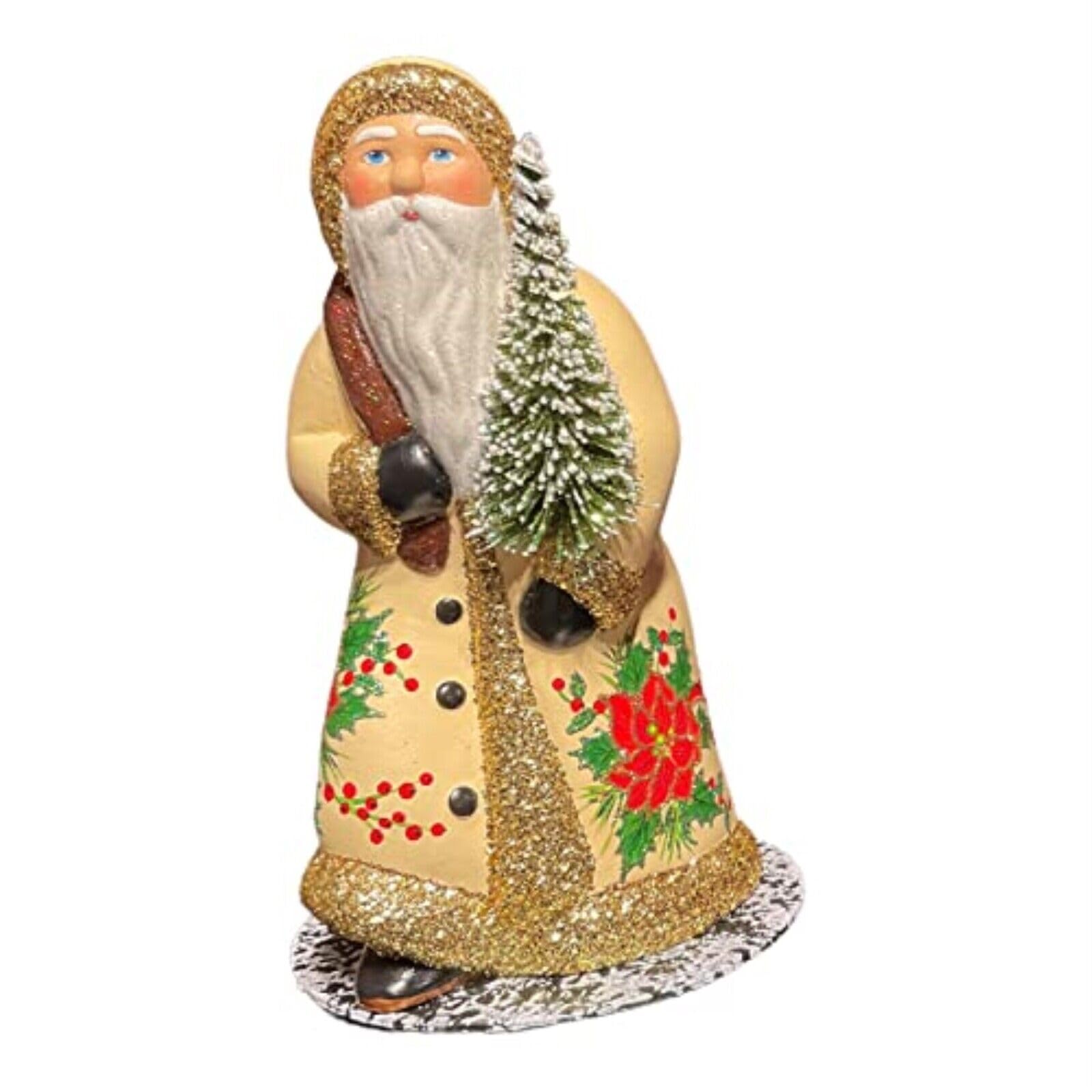 Christmas Decorations for The Holiday - Cream Poinsettia Coat Walking Santa Claus German Paper Mache 9 Inch - Decorations for Christmas sdf-1149