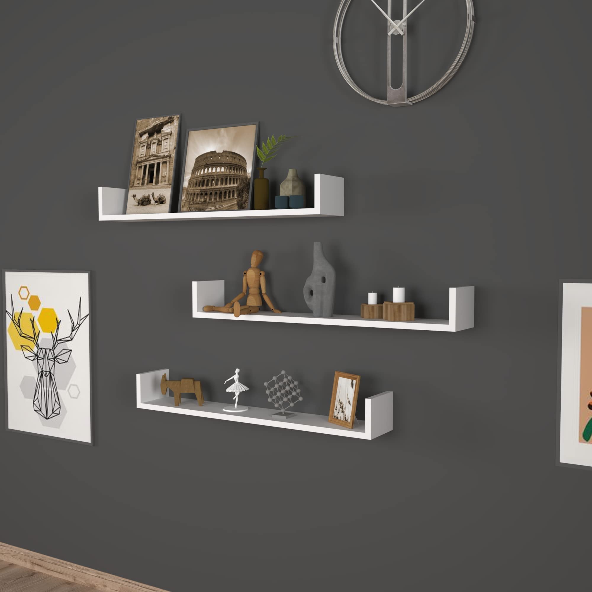 [en.casa] Set di 3 Mensole da Muro (AxLxP) 12 x 90 x 15 cm Consolli Pensili con Piano d'Appoggio a Forma di U - Bianco