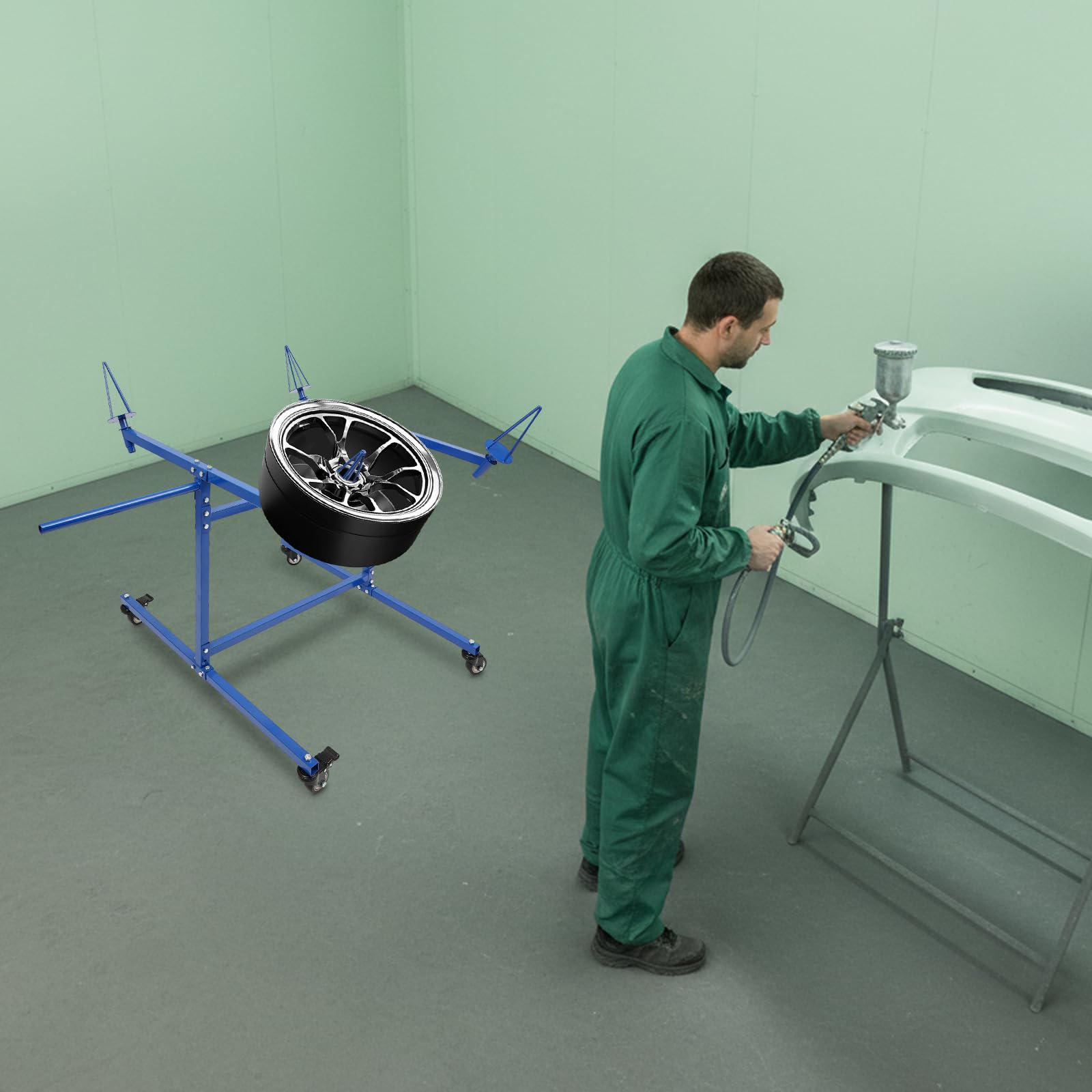 Felgenlackierständer 4 Felgen Lackierbock (Blau) | Lackierständer mit 360° Rollen und höhenverstellbaren Halterungen für Autoteile Räder Hauben Kotflügel in Garage Werkstatt