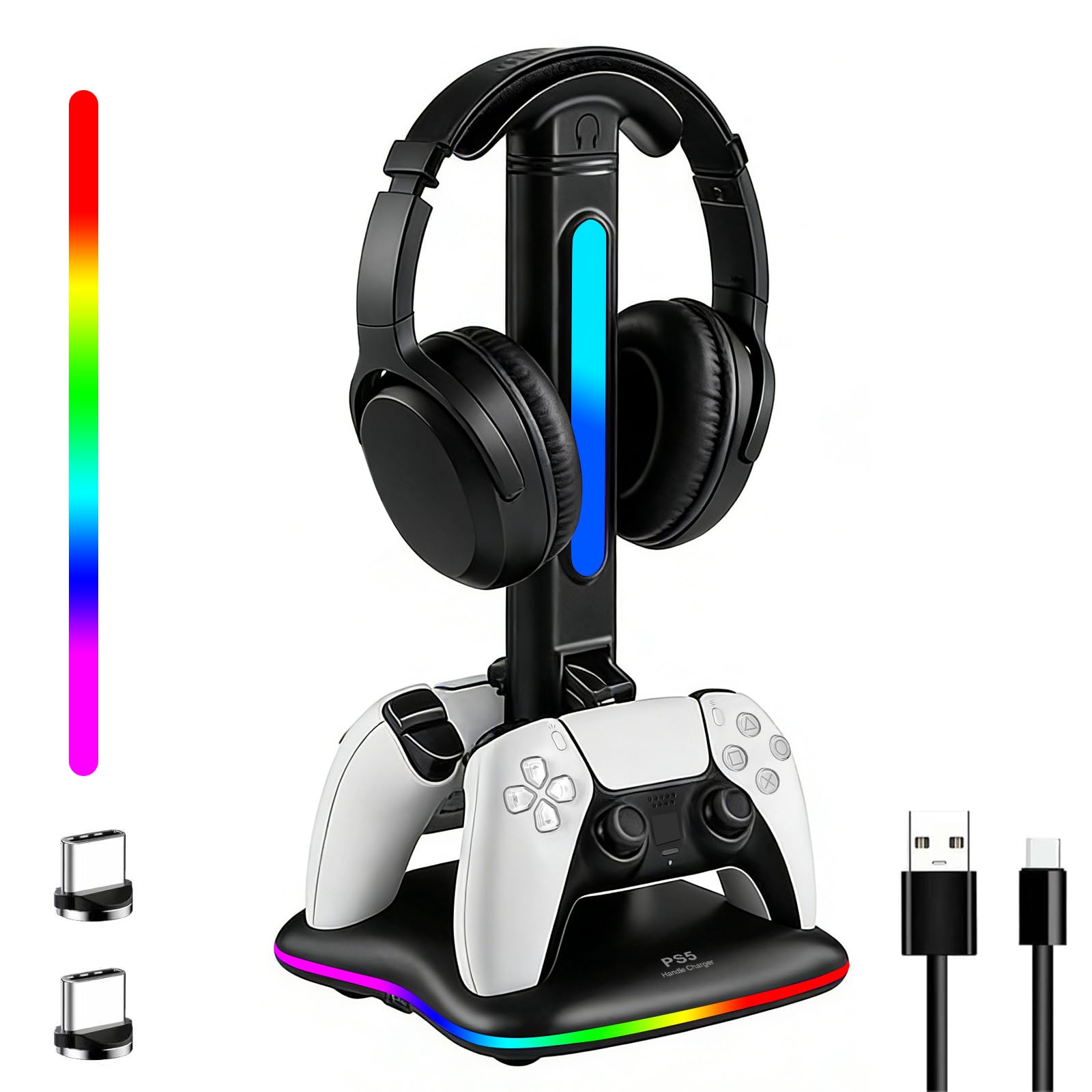 Caricabatterie per controller PS5 con supporto per cuffie RGB, stazione di ricarica per controller PS5 con 2 porte USB, supporto per cuffie e controller per PlayStation 5, regali di gioco per