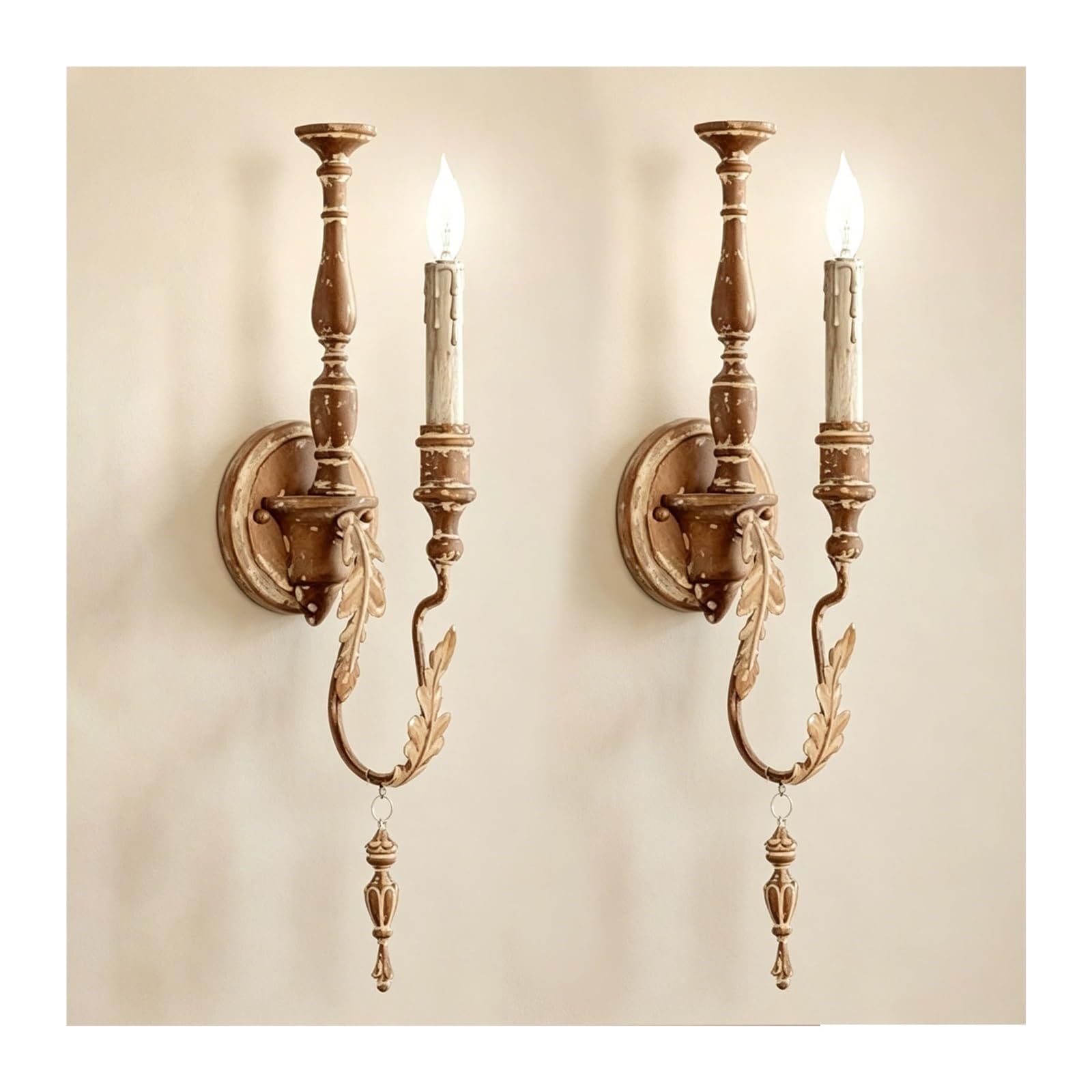 LUOYAOB Set of Two Farmhouse Wood Wall Sconce Industrial Vintage Wall Light with E14 Socket Candle Holder Rustic Wall Lamp Antique Copper for Bedroom Hallway Living Room Bedside(Vintage)