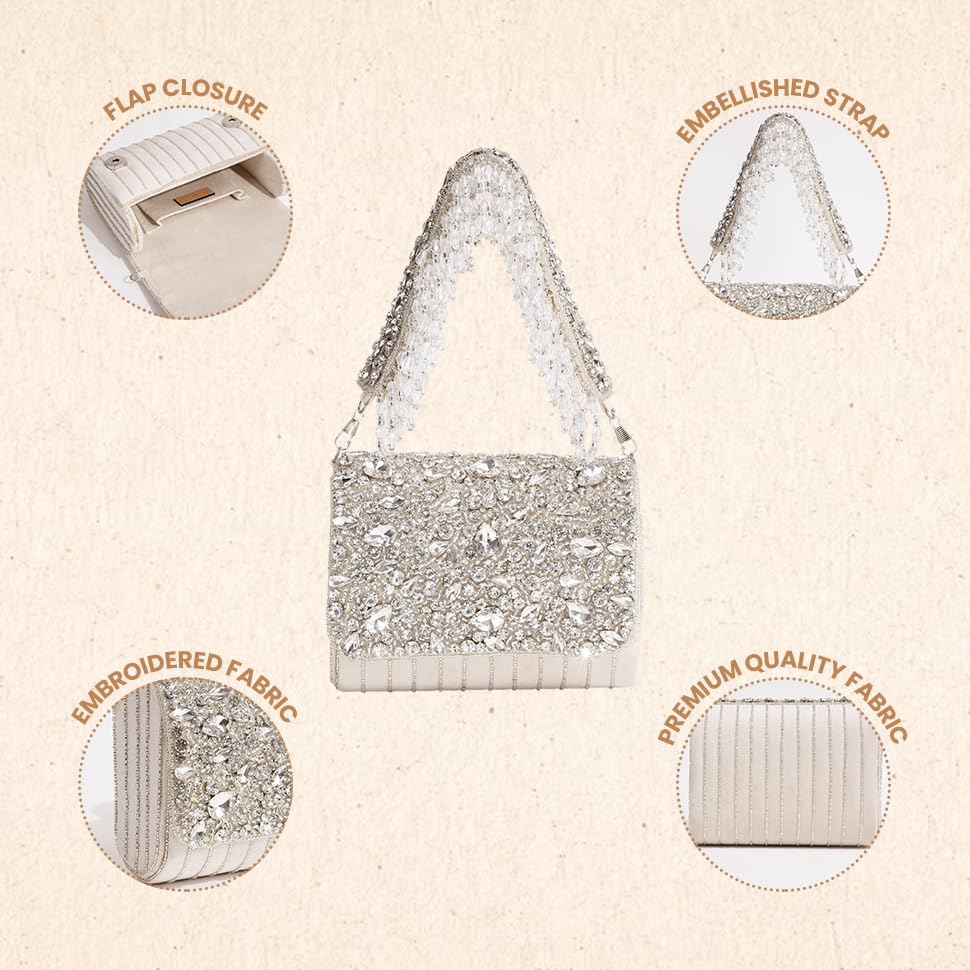 Image of THE TAN CLAN Grace Beige Flap Over Clutches for women Bag for Women- Elegant Evening Handbag, Stylish Purse, Perfect for Parties, and Special Occasions