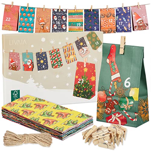 Calendrier de l'Avent à remplir : Calendrier de l'Avent 2022 - Sacs papier, adhésif, ruban, pince de bois - Calendrier de l'Avent par soi-même LIVAIA