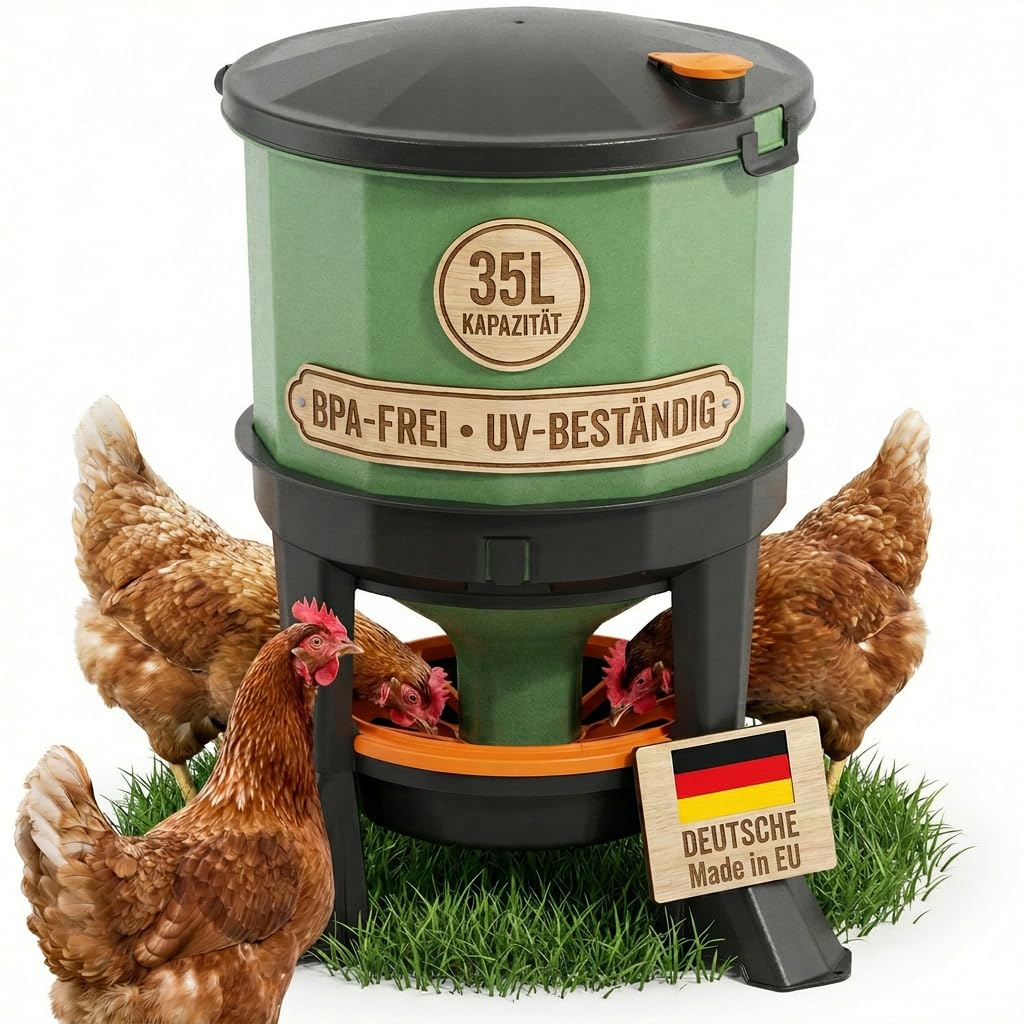 Futterautomat 35 L Hühner Geflügel Futterspender – Futter-Spargitter | UV-beständig, BPA-frei, leicht zu befüllen & zu reinigen, hohe Standfestigkeit, Klappdeckel mit Sicherheitsverschluss