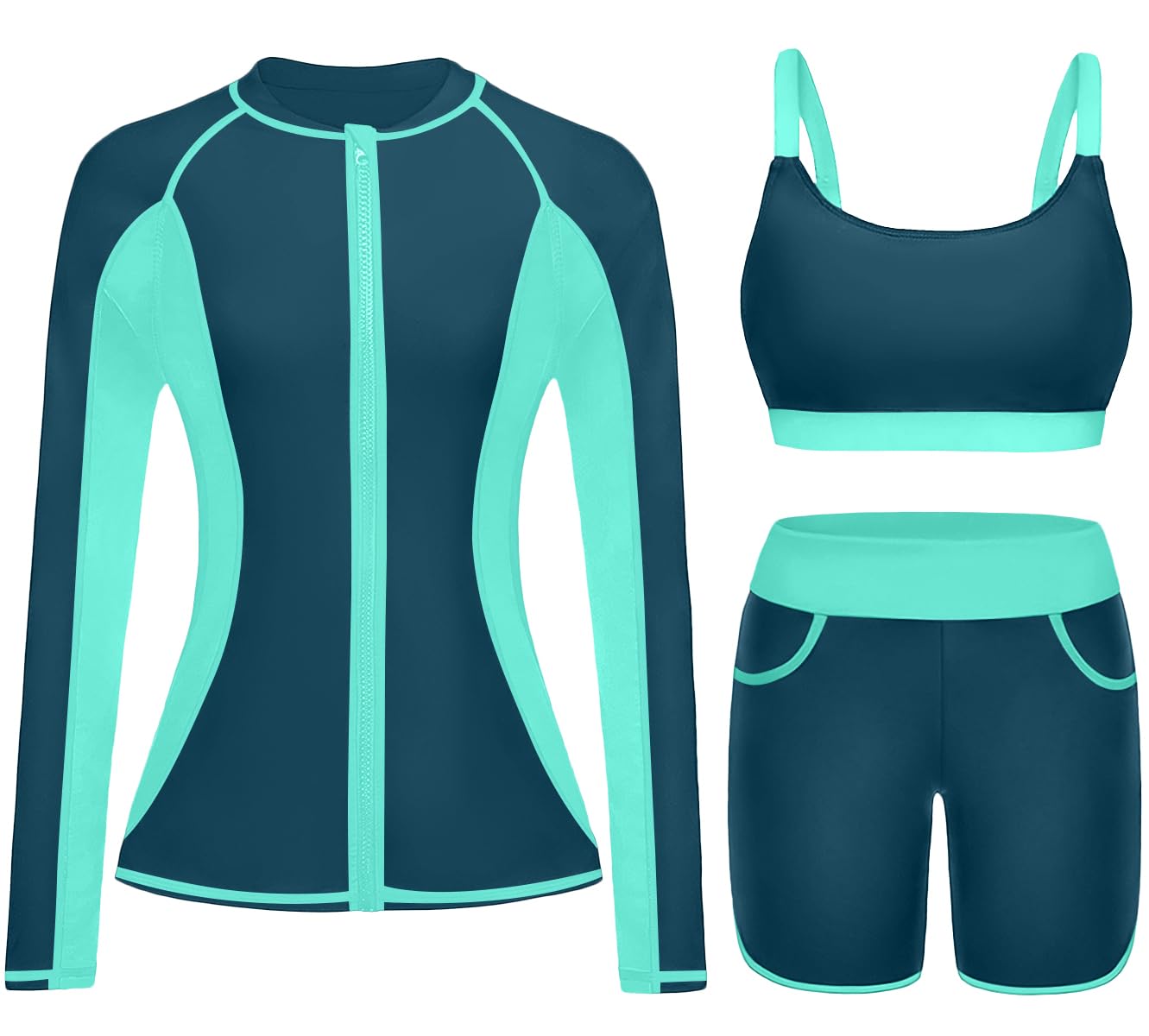 Women 3 Piece Rash Guard - Long Sleeve Swimsuit Built in Bra Swim Shirt Zip Bathing Suit with Pocket Shorts