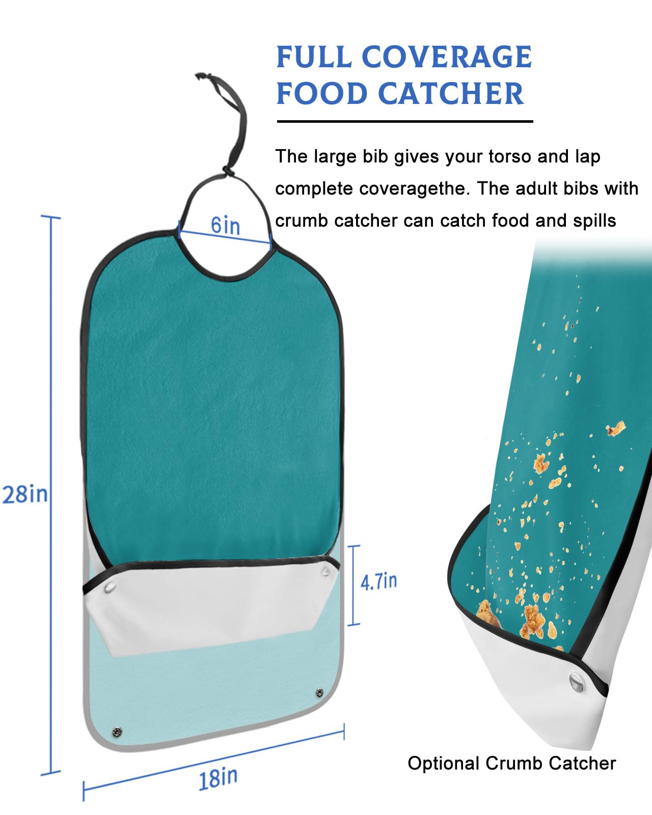 BOBOWUNY Teal Adult Bibs for Elder Women Men Eating, Waterproof & Washable Bibs for Eating Clothing Protector Dining Bibs for Crumb Catcher Turquoise Pure Teal