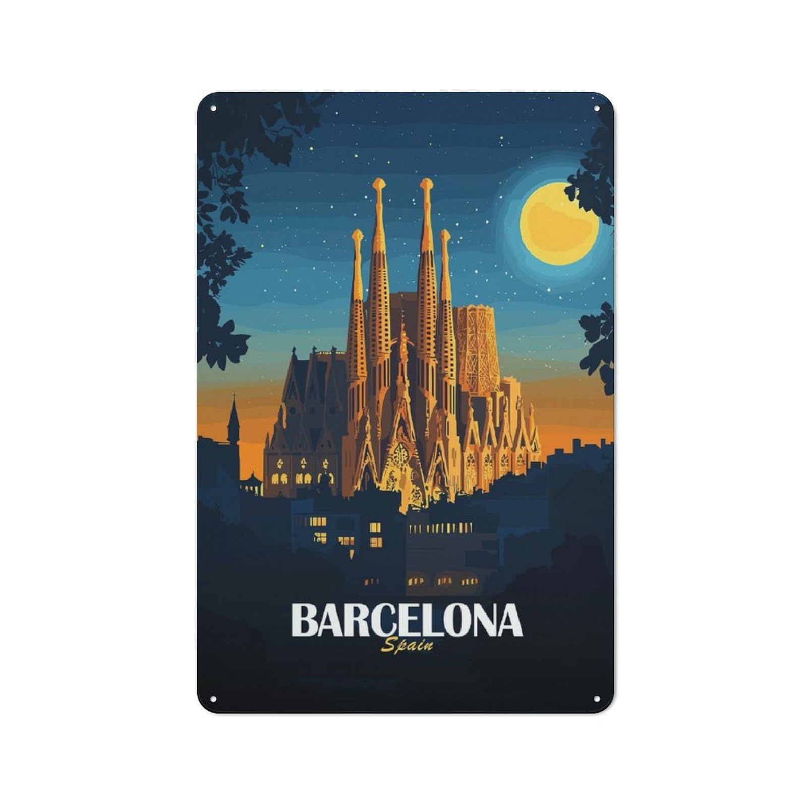 Junmoney Barcelona Spain Sagrada Familia Illustration Tin Sign 30X20cm For Living Room Wall, Rustic Wall Decor, For Living Room Decor Lovers