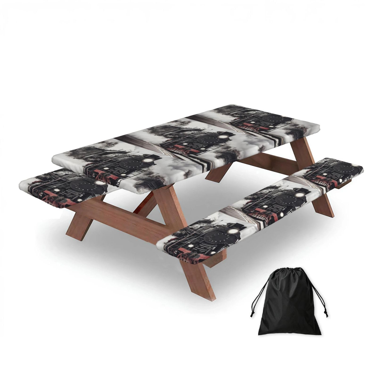Dopklna As Picture Train, Picnic Table Cover With Bench Covers -Waterproof Elastic Fitted Tablecloth For Garden Camping Patio 76X152cm