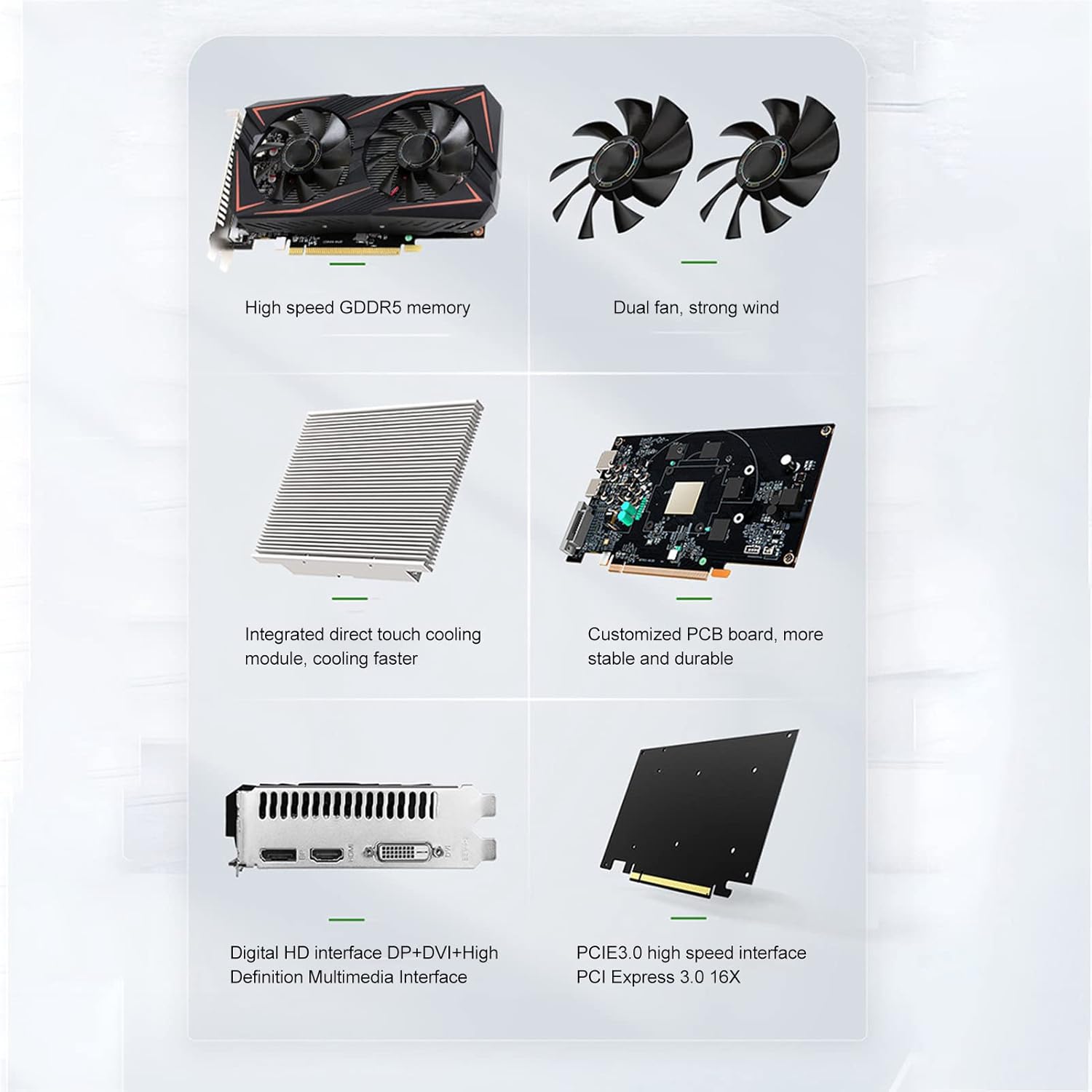 Scheda Grafica da Gioco RX550 4G, Scheda Grafica Discreta GDDR5 (128 Bit) da 4 GB, 1071 MHz, PCI Express 2.0, Interfaccia di Uscita HDMI DP DVI, con Raffreddamento Rapido a Doppia Ventola