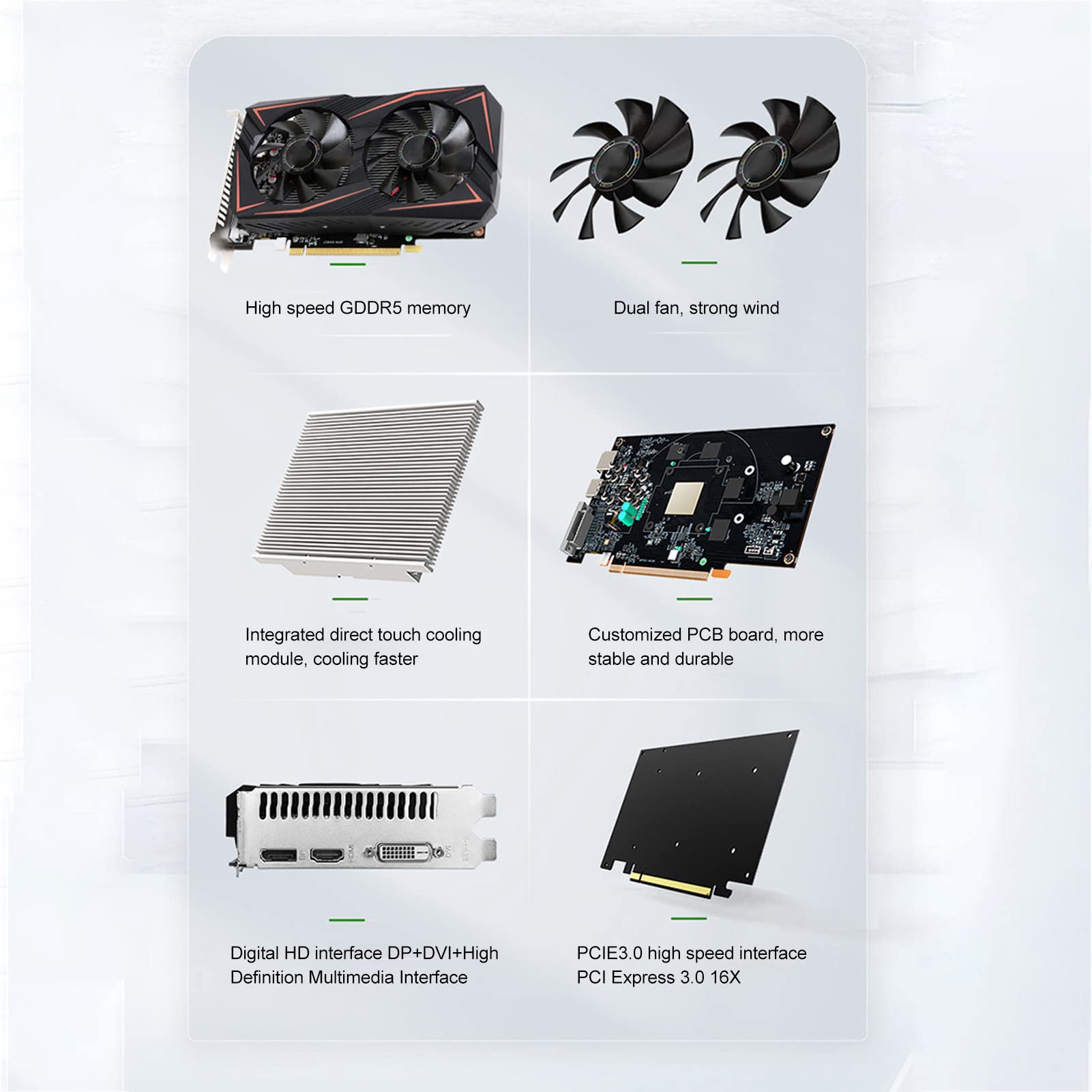 Septpenta Scheda Grafica RX550 4G, Frequenza 1071/6000 MHz GDDR5 128 Bit Sistema di Raffreddamento a Doppia Ventola Scheda Grafica Desktop, Interfaccia HDMI DVI DP per Computer