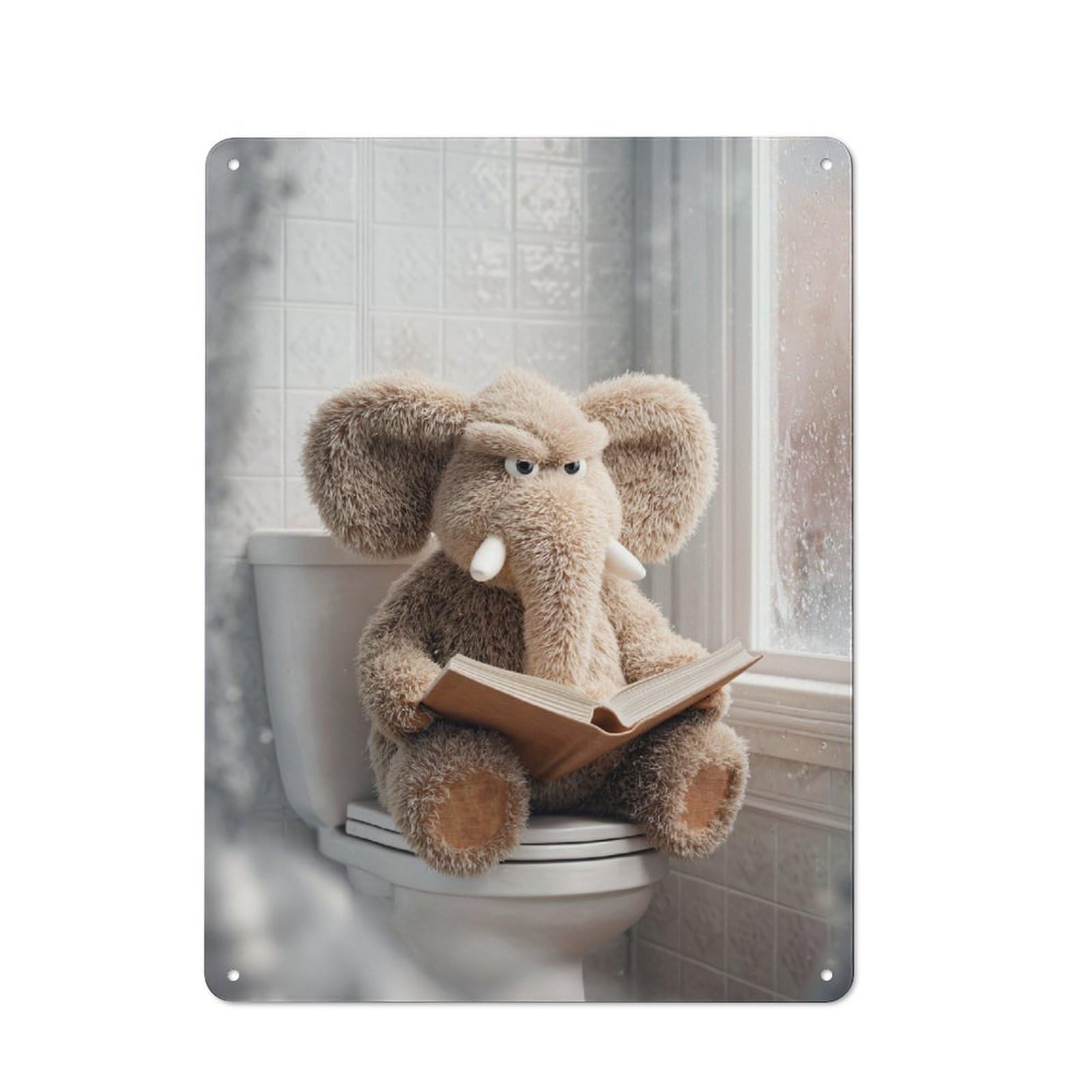 Plush Elephant Reading on Toilet Rustic Metal Sign 40x30cm, Country Vintage Country Wall Plaque for Cottage, Kitchen, Hallway Or Breakfast Nook