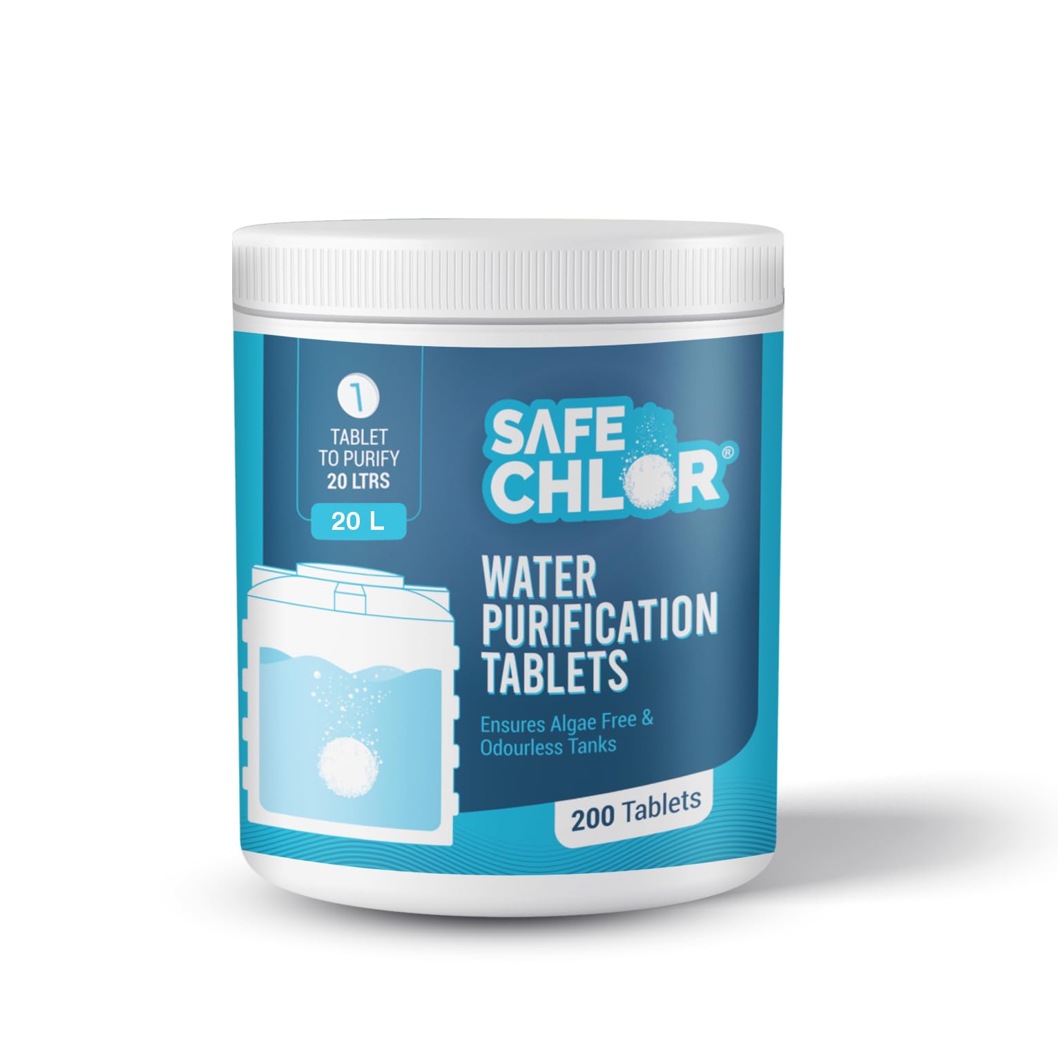 Safe Chlor 20 L | Chlorine Tablets for Watercan of 20 Ltrs, | Kills Germs, Prevents Algae | Water Purification Tablets | 1 tablet to treat 20 liters | Pack of 200 Tablets for 4000 Ltrs