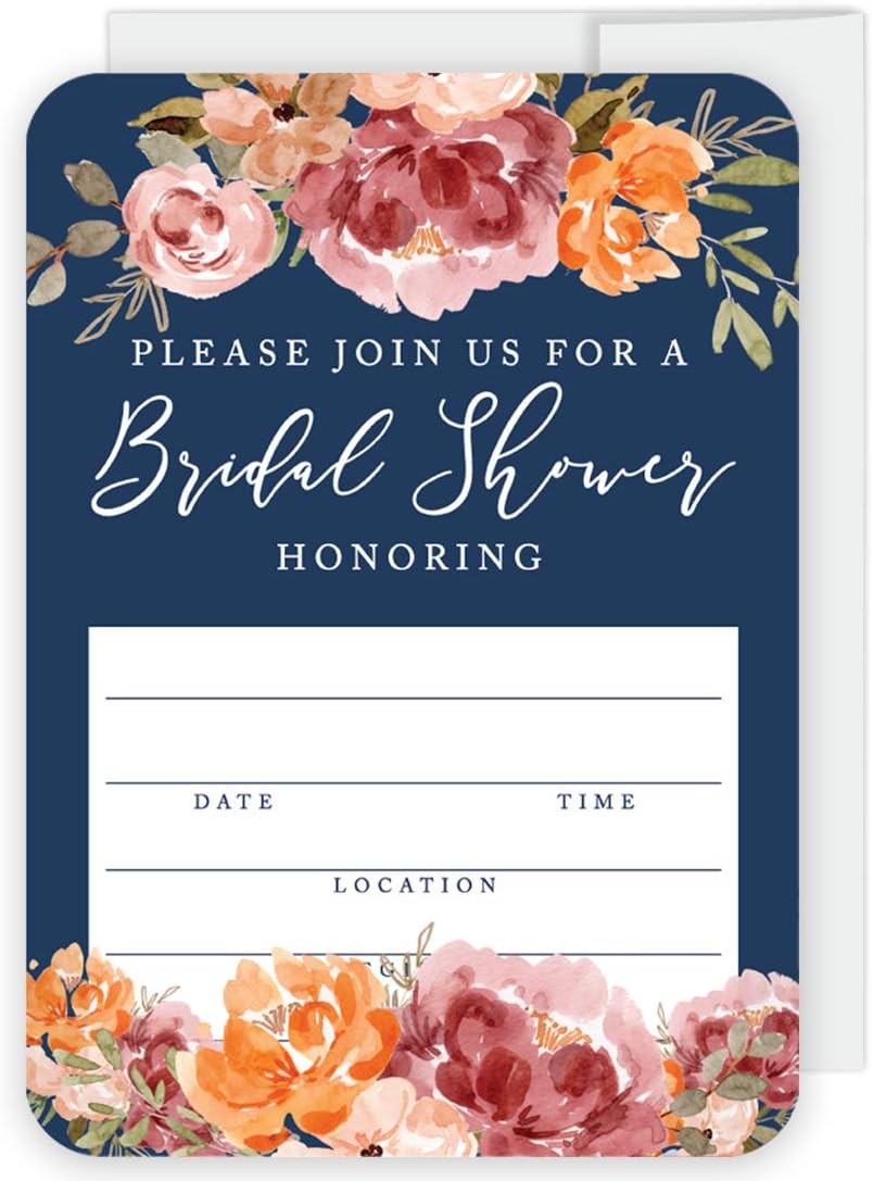 Andaz Press Navy Blue with Orange Pink Fall Watercolor Flowers Wedding Party Collection, Blank Invitations with Envelopes, Please Join Us for a Bridal Shower, Floral Bouquet Graphic, 20-Pack