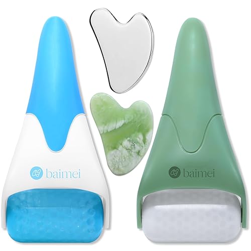 BAIMEI Juego de rodillo de hielo y Gua Sha para el mejor rejuvenecimiento de la piel, verde y azul