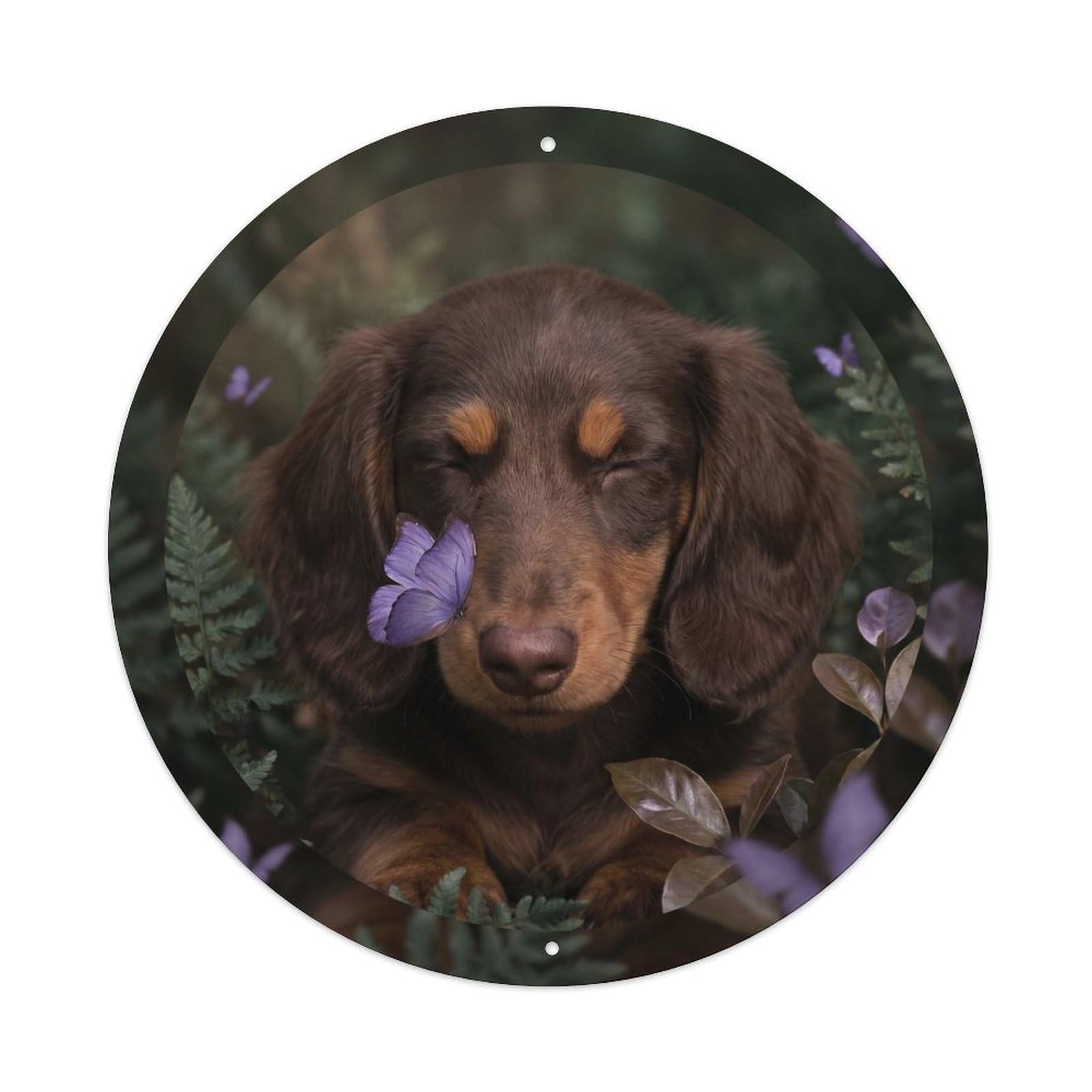 Dachshund Puppy Kawaii Pet Violet Butterfly Woodland Pastel Metal Tin Sign Plaque Wall Decor for Cafe, Man Cave, Club Bar, Office, Home Garden Round Metal Poster 8x8Inch