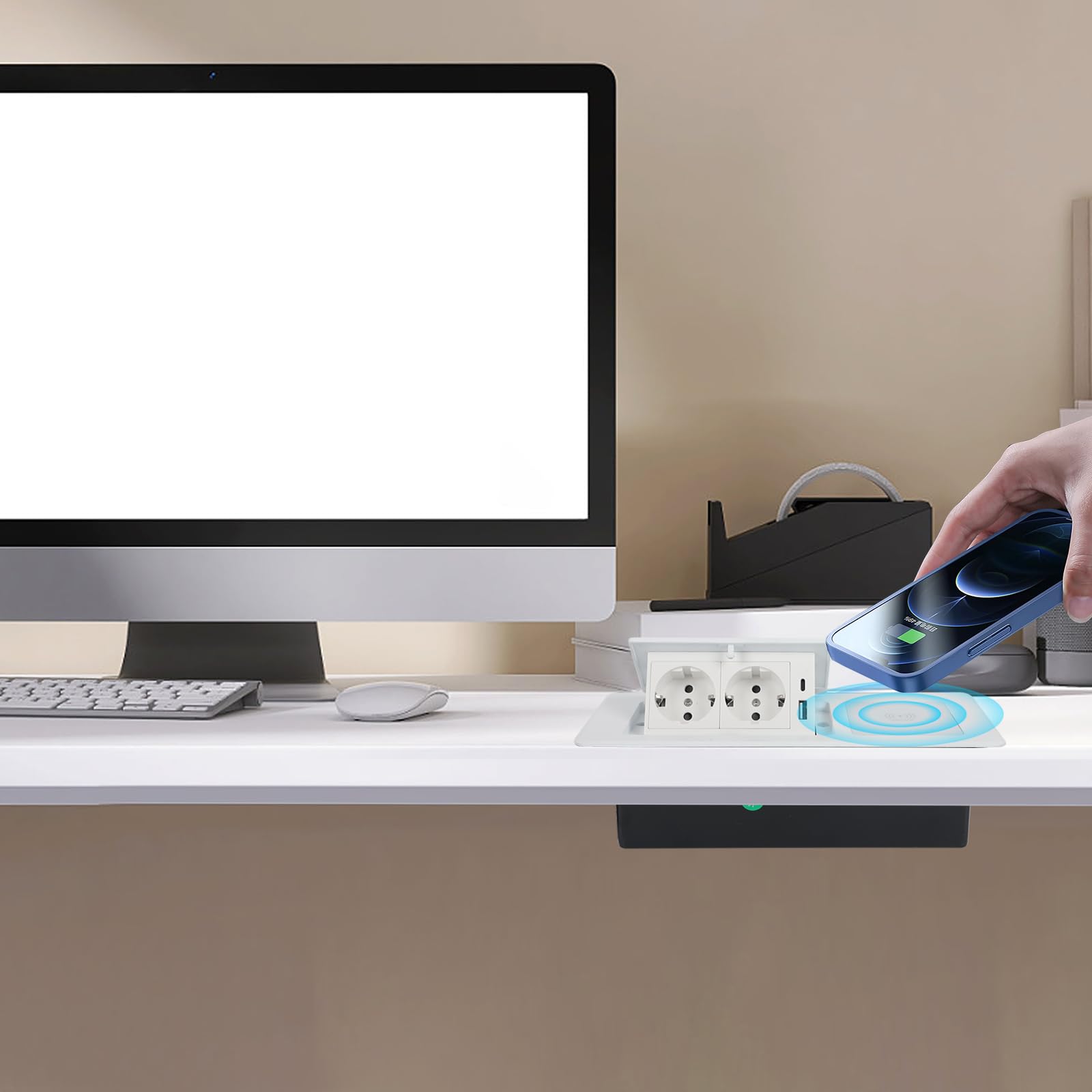 Wysuwane gniazdko elektryczne, 2 gniazda wtykowe do zabudowy, z USB i bezprzewodową ładowarką 15 W, typ C, 20 W, szybkie ładowanie, gniazdko stołowe, do biura, blatu roboczego (białe)